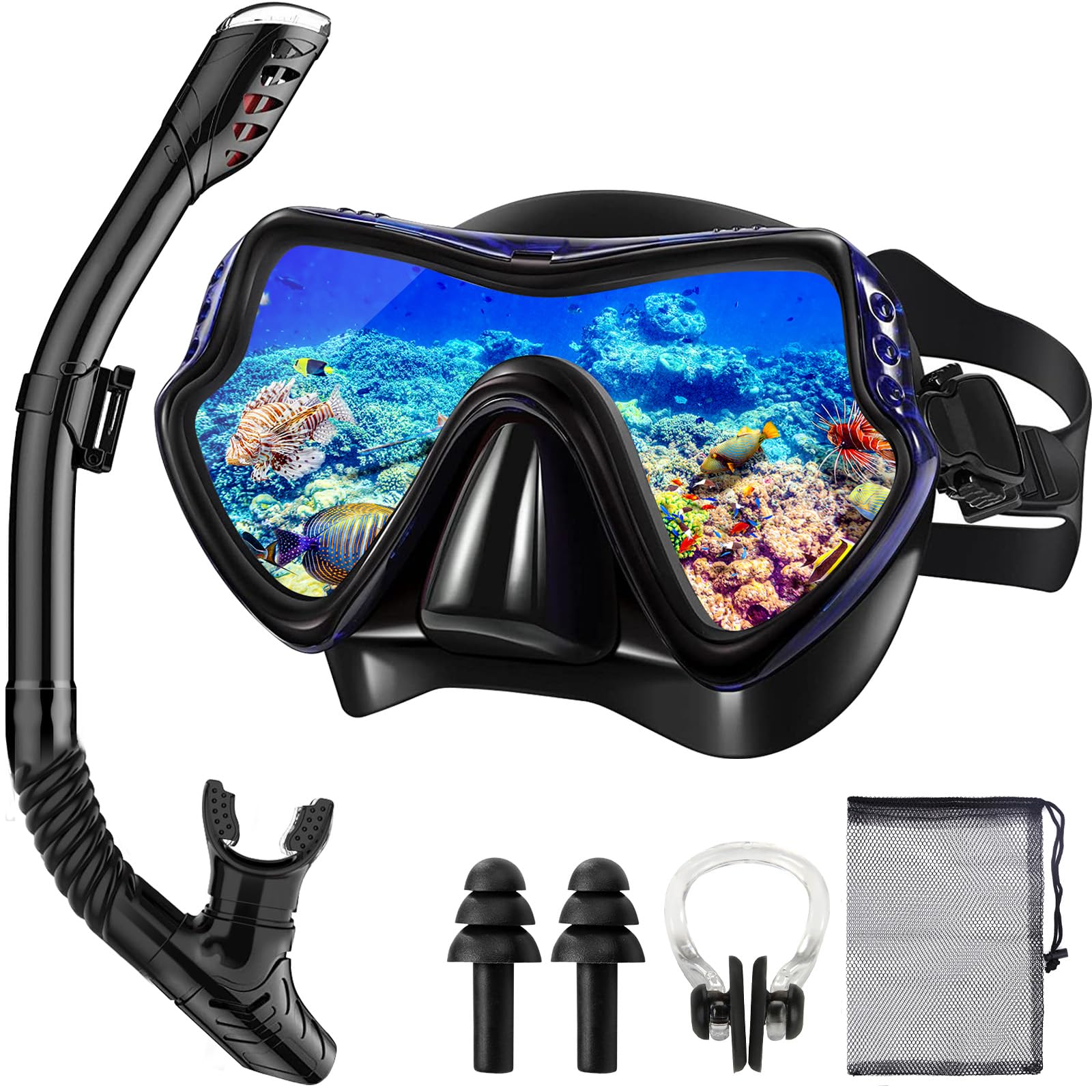 Maschera Snorkeling Adulto Antiappannante Panoramica 180° Set con Boccaglio