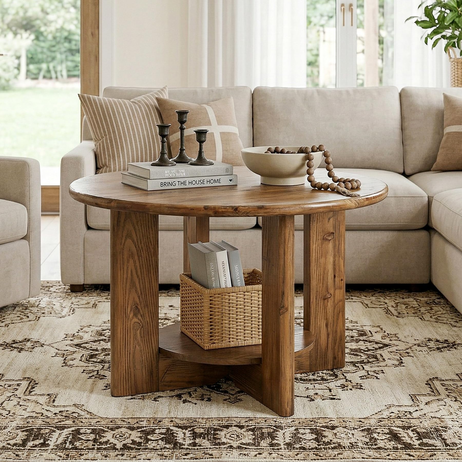 Tribesigns Table Basse Ronde 80 cm, 2 Niveaux avec Rangement, Bois Massif, Style Maison de Campagne, Marron Rustique – Table d’Appoint pour Salon