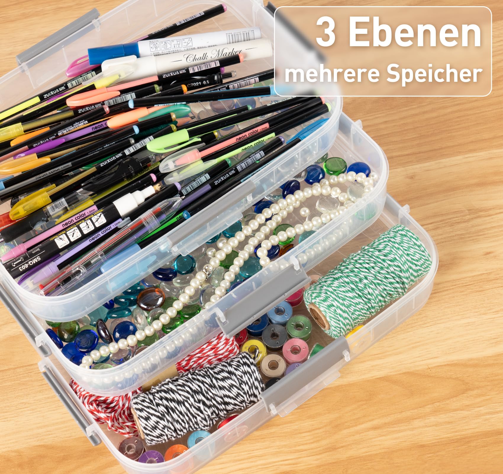 Anstore Pen Box with Handles, 2 Sets of 3 Levels, Stackable, Storage Box, Pen Organiser, Stackable, Removable Stationery, Organizer, Drawing Tools, Container with Snap-Close Lid