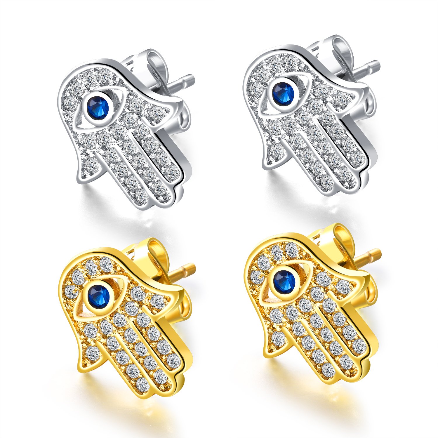 Yellow Gold/White Gold Plated Evil Eye and Hamsa Hand of Fatima White Blue Cubic zircon crystal Stud Earrings For Women Teen Girls