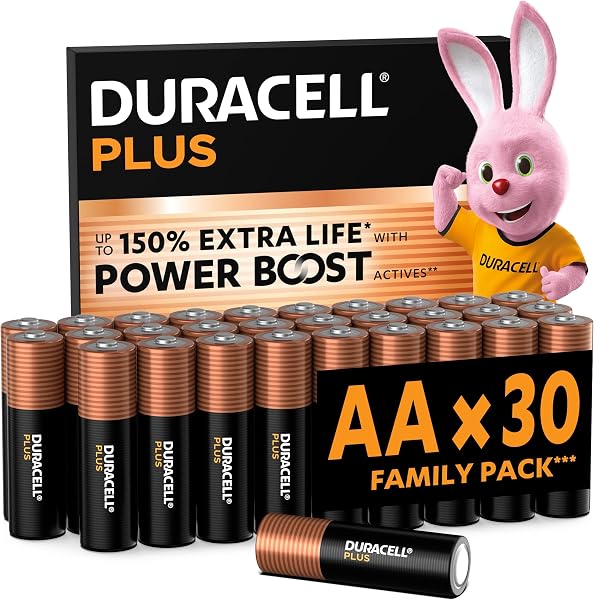 DURACELL Plus Piles AA (Lot de 30) – Piles Alcalines 1,5 V–Durent Jusqu’à 150% Plus Longtemps grâce aux Actifs Power Boost–Fiable pour Vos Appareils du Quotidien–Emballage 0% Plastique – MN1500 - 1