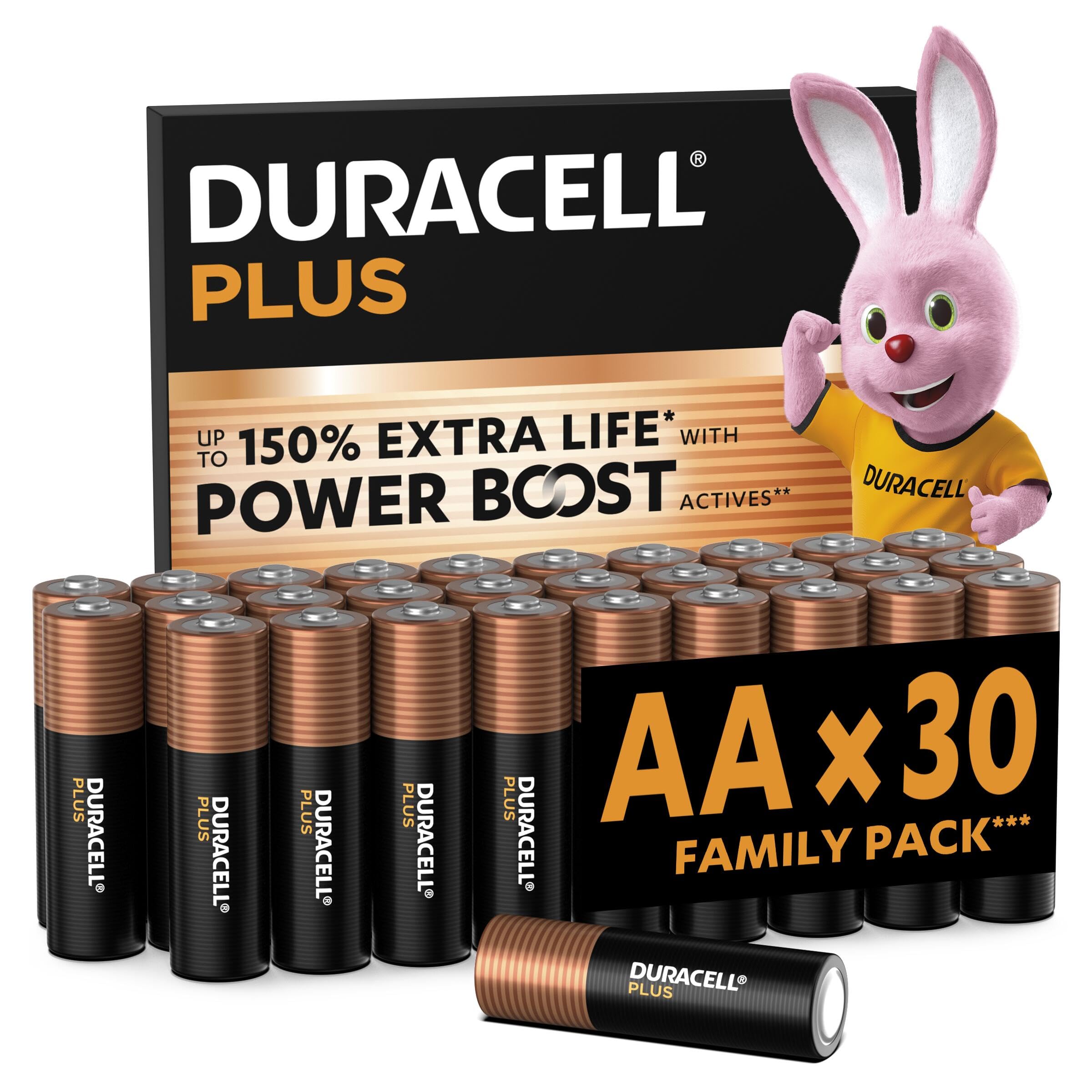 DURACELL Plus AA Batteries (30 Pack) – Alkaline Batteries 1.5V – Up to 150% Extra Life with POWER BOOST Actives– Reliability For Everyday Devices – 0% Plastic Packaging – 10-Year Storage - MN1500