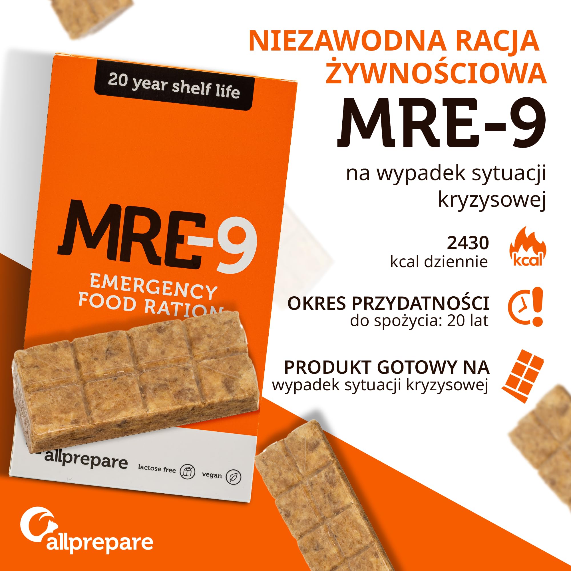 Allprepare MRE-9 | 24-dniowa racja awaryjna | 20-letni okres przydatności do spożycia | dodatkowe witaminy | 24x500g żywność awaryjna