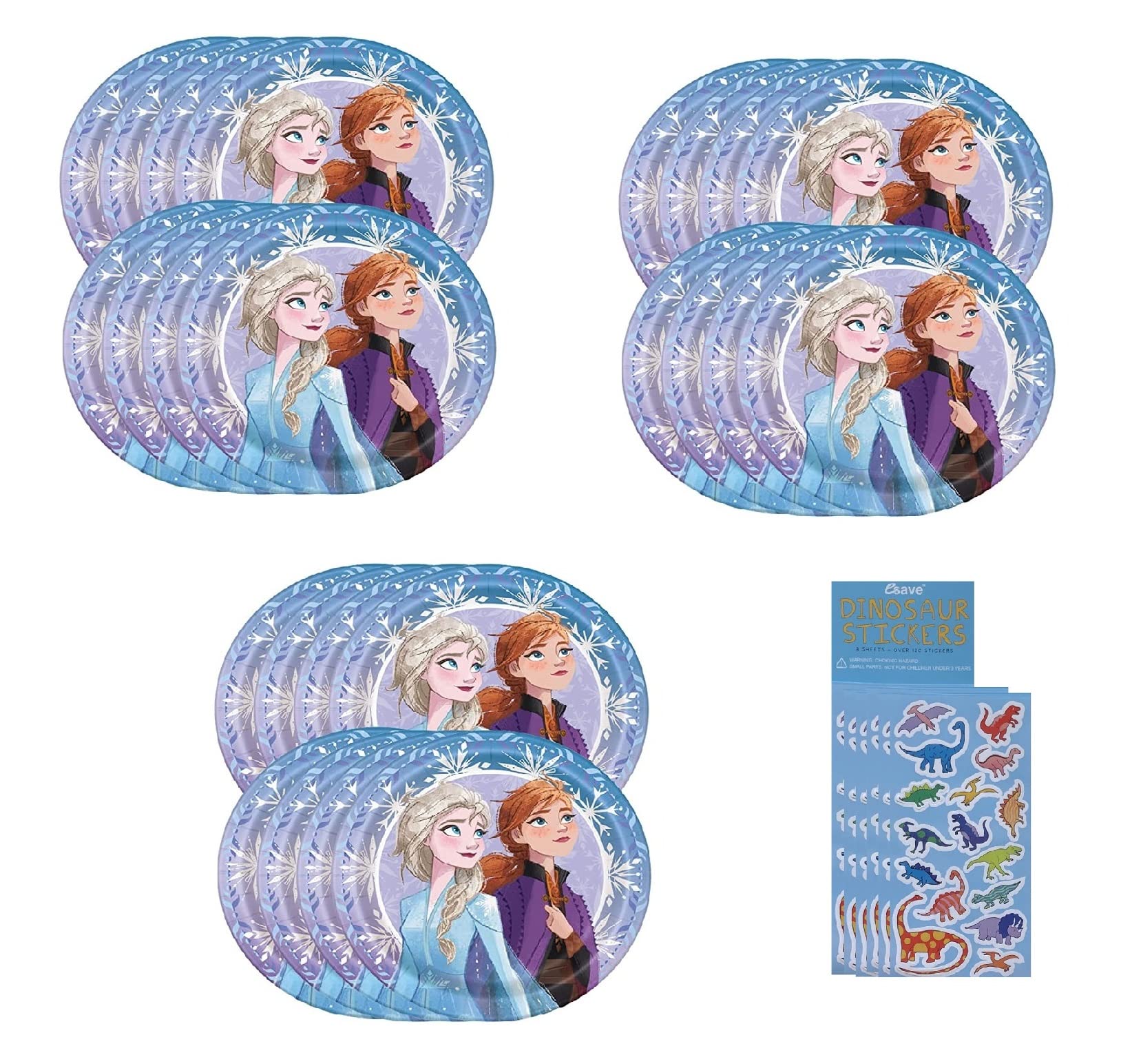 Unique Frozen Party Supplies Bundle Pack includes 24 Lunch Paper Plates and 1 Dinosaur Sticker Sheet