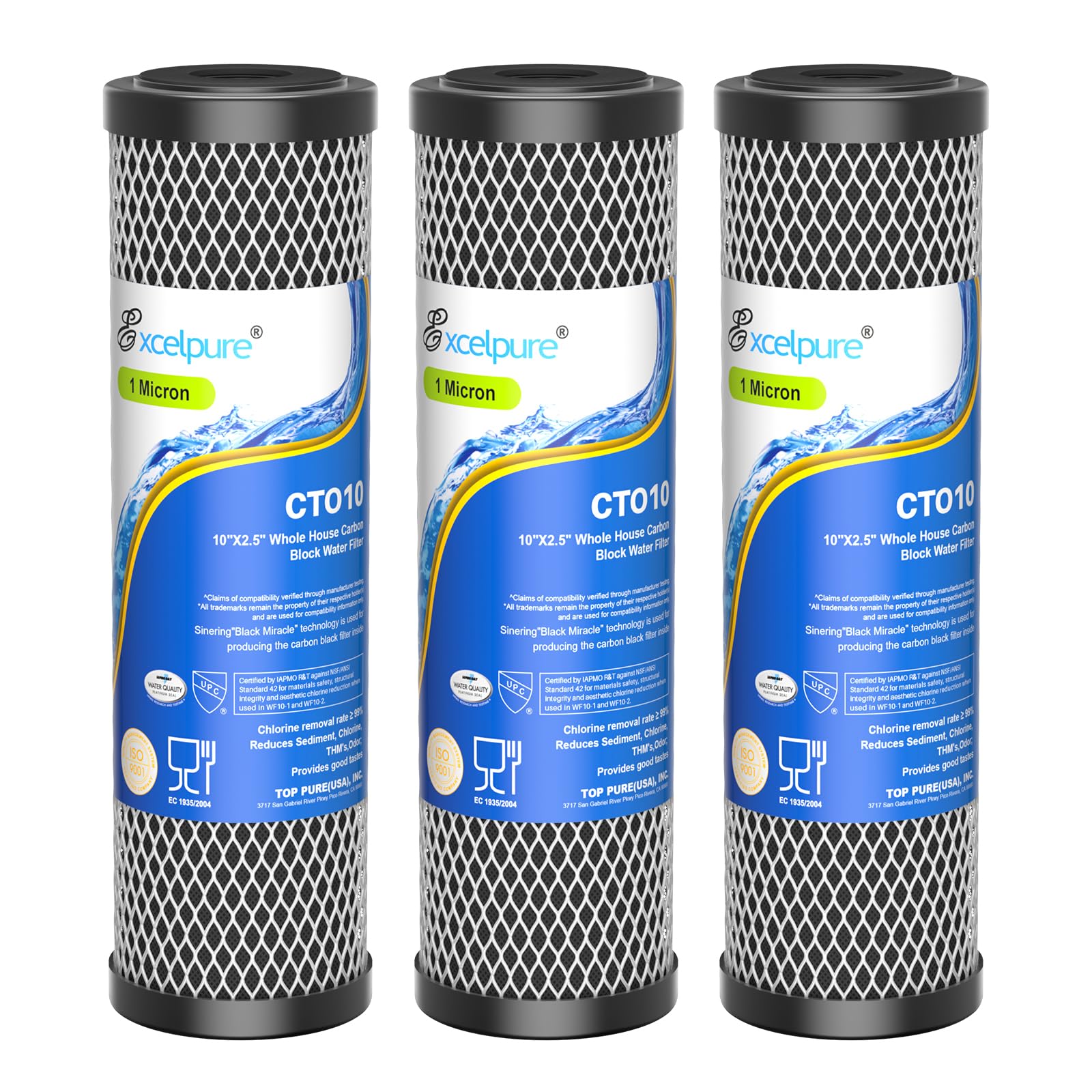 EXCELPURE 1 Micron 10" x 2.5" Whole House CTO Carbon Water Filter, 3PACK
