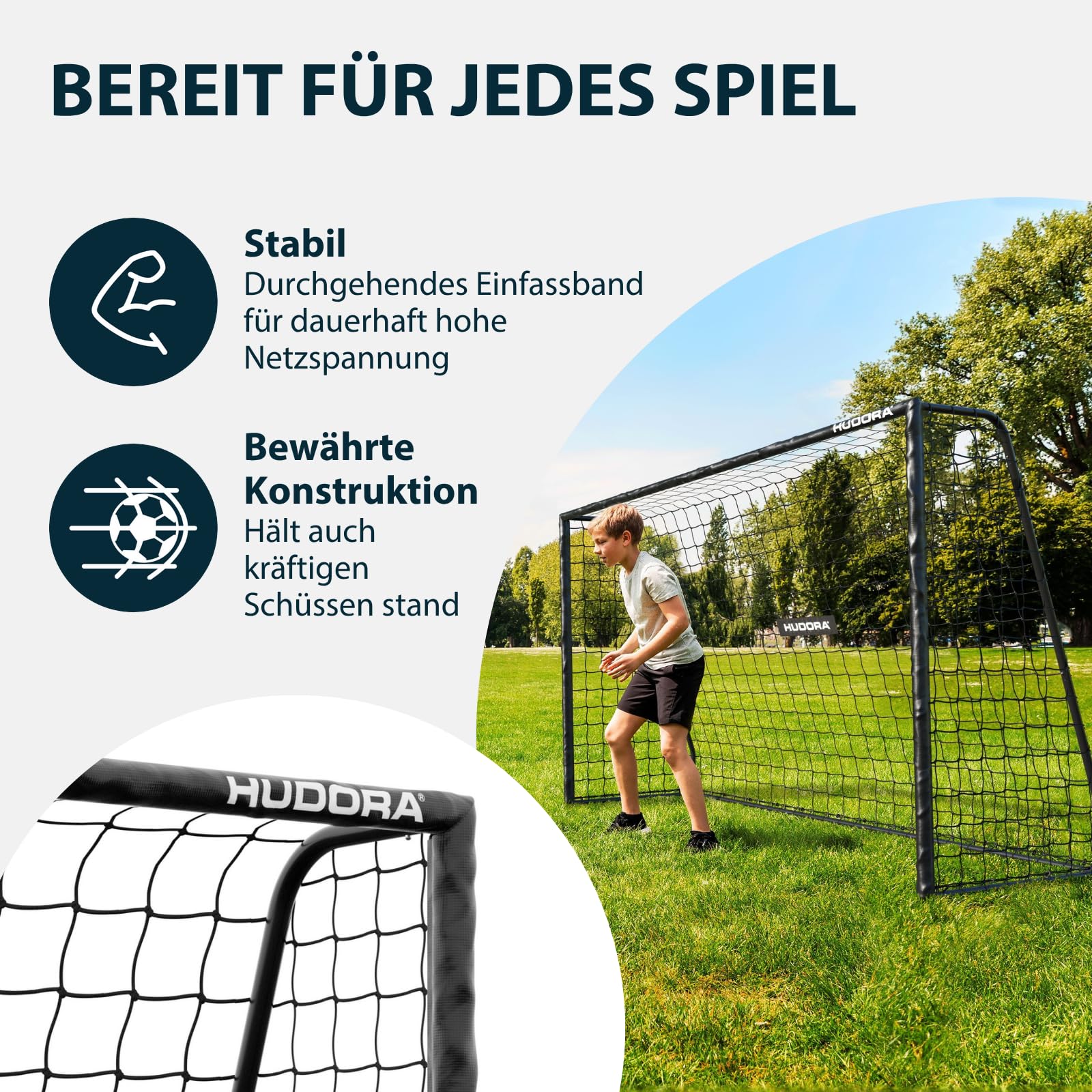HUDORA Fußballtor Pro Tect Lite – Garten Fussballtor mit Pfosten-Polsterung für den Outdoor Einsatz – schneller Aufbau Dank Click-Verbindungen – Stabiles Tor aus Stahl für Kinder/Jugendliche