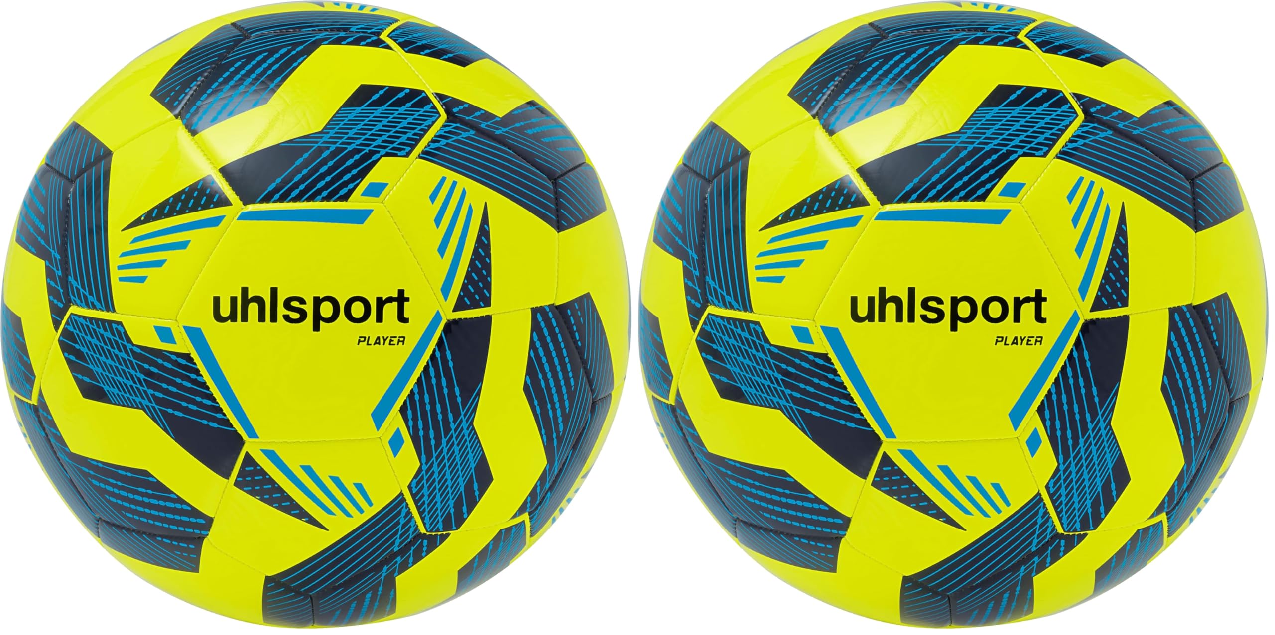 uhlsport Player Fußball Fussball Ball für Erwachsene - Größe 5, Fluo gelb/Marine/Cyan (Packung mit 2)