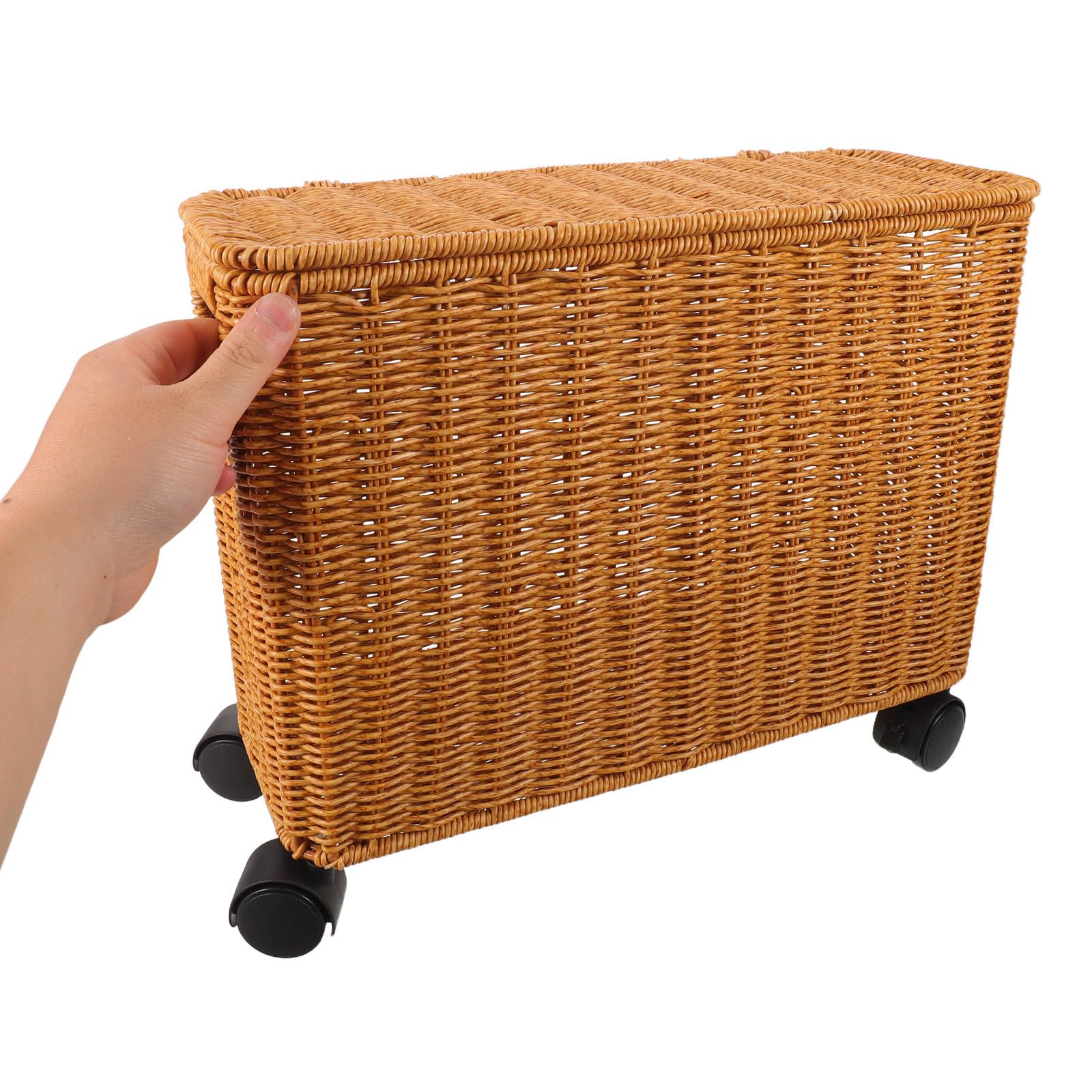 FRCOLOR Caja de Almacenamiento Rectangular de Pe Color Caqui Estilo Mimbre con Tapa y Ruedas, Soporte para Apilamiento Vertical y Alta Capacidad de Peso, Adecuado para Pasillos y Baños