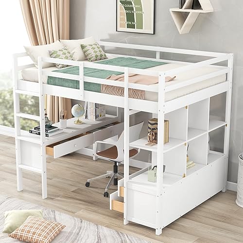 Miniatura 130 de Cama alta funcional tamaño individual con 2 cajones y 2 armarios, base de cama de madera maciza con barandilla de seguridad y escalera de