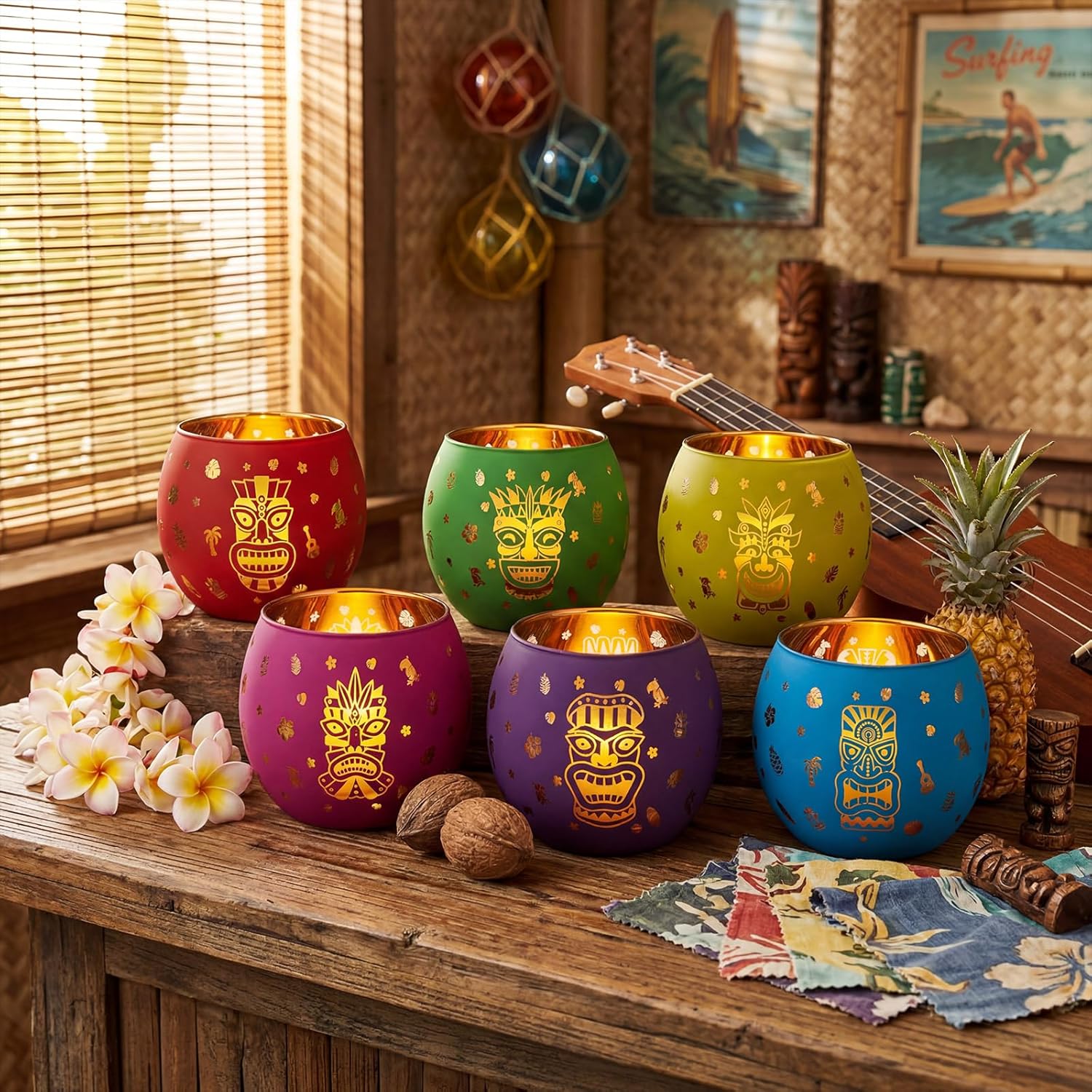 Jingmore 6 Pcs Hawaiian Luau Party Decoration Tiki Votive Candle Holder Tiki Torches Glass Candle Holder Tropical Flower Tealight Cholder with 6 Laser Engraving Pattern for Hawaiian Aloha Summer Party