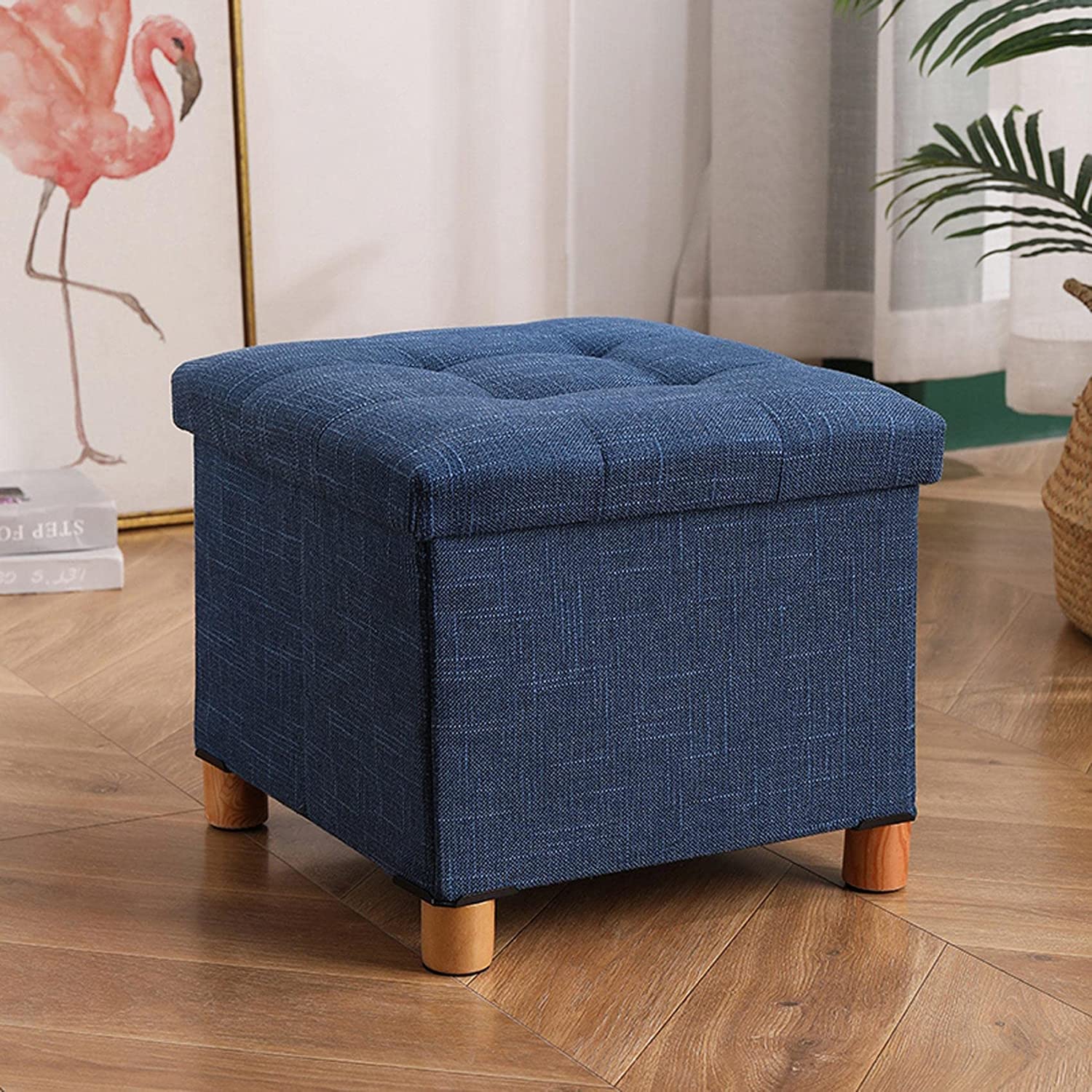 LMMIAOZ Storage Ottoman Footrest - Square Linen & Cotton Stool for Shoe Changing - Versatile Footrest for Living Room & Bedroom - Stylish Blue Accent Piece