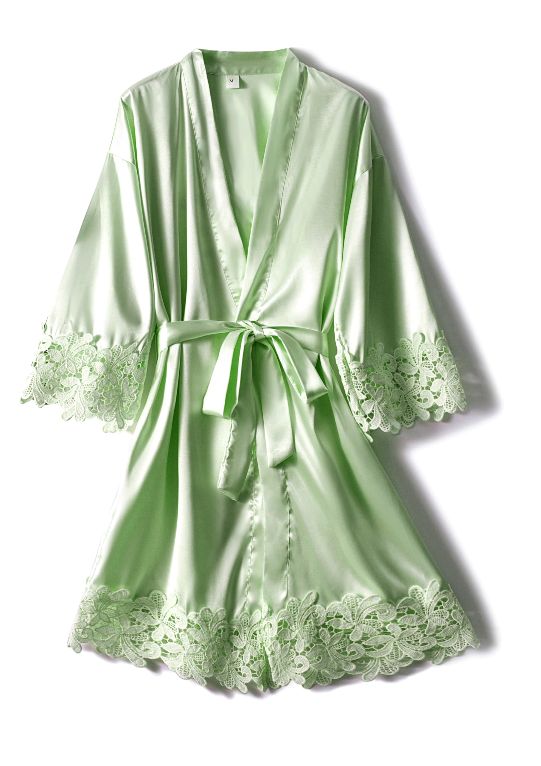 Women Lace Trim Robe Short Kimono Gown Silky Bathrobe for Bride Bridesmaid Nightgown