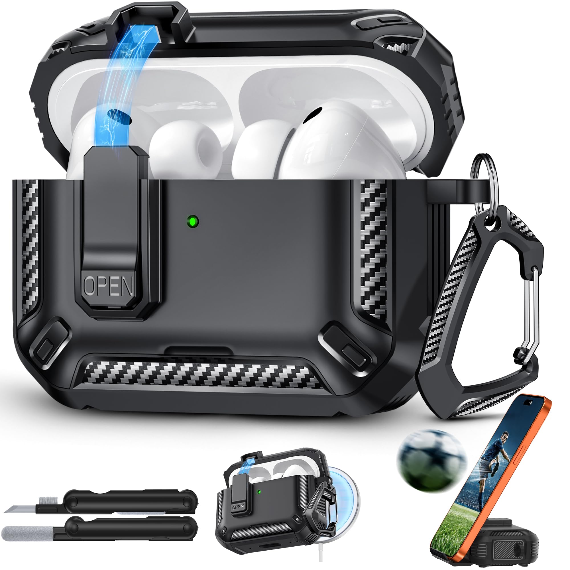 for AirPods Pro 3 Case 2025, Magnetic MagSafe Charging Cover with Safety Lock, Phone Stand &amp; One-Handed Switch, TNSNK Fashion Carbon Fiber Texture Hard Shell for Men Women, Includes Cleaner &amp; Keychain