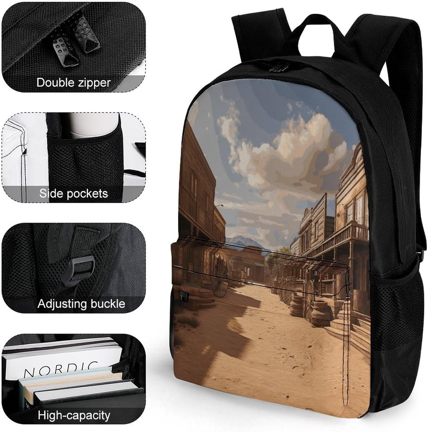 Old Wild West Cowboy Town Backpack Daypack Travel Backpack | Lightweight Casual Laptop Backpack for Women Men Aesthetic Travel Bag for Weekender Business Hiking Outdoor