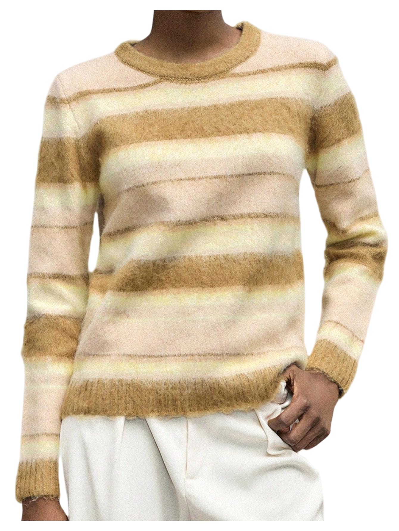 MakeMeChic Womens Striped Sweater Fuzzy Crew Neck Long Sleeve Knitted Pullovers
