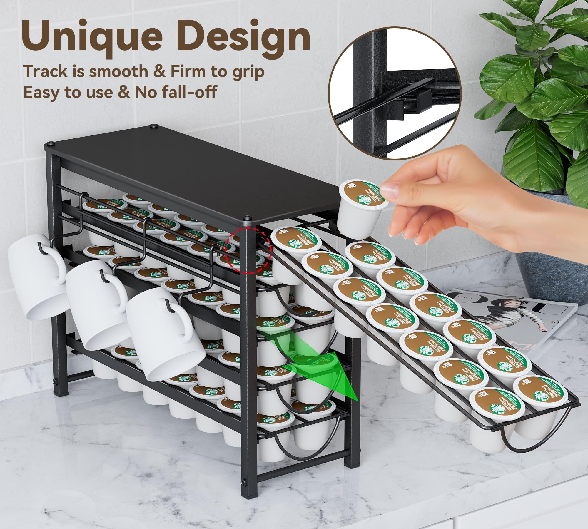 HFHOME Porta cialde da bancone, compatibile con K-Cups, cassetto in metallo a 5 ripiani, organizer per 70 cialde per bancone del caffè, casa, ufficio o cucina, rack per 3 tazze, nero