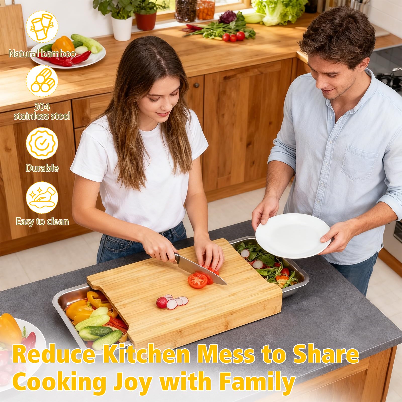 Tabla de cortar de bambú, tabla de cortar de cocina con 2 bandejas deslizantes de acero inoxidable para preparación de alimentos, carne, verduras
