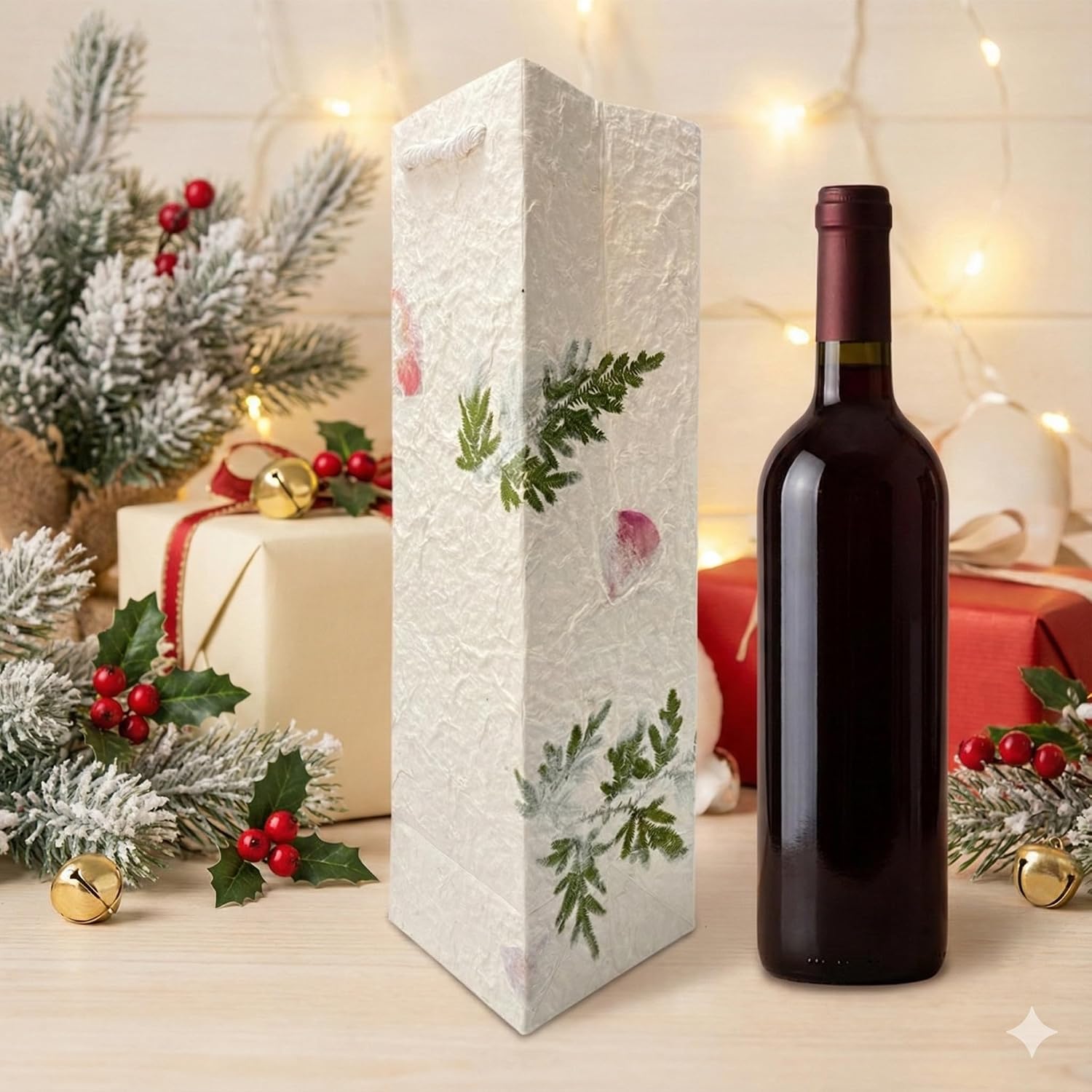 Paperry Handmade Floral Wine Gift Bag Set, Botanical Mulberry Paper Wine Bottle Gift Bags with Rope Handles, Reusable Floral Gift Bags for Wedding, Birthday & Hostess Gifts, Single Pack (Flower) image 5