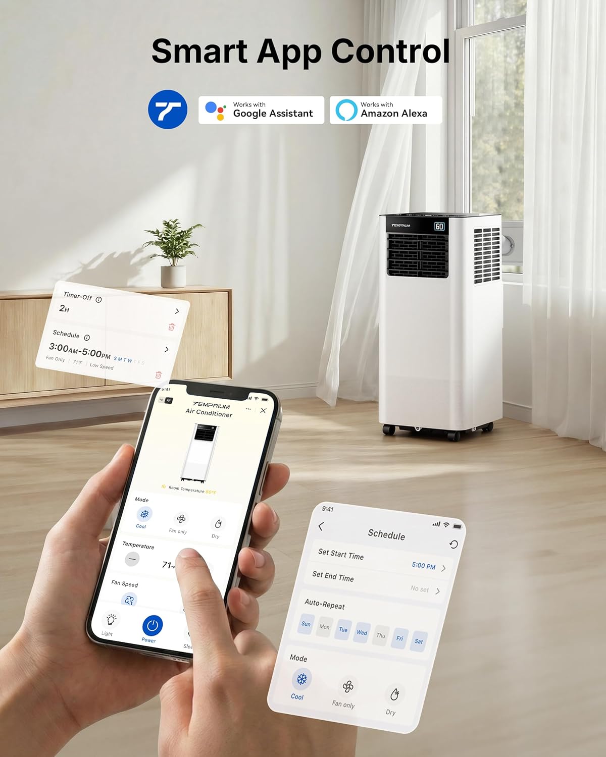 10,000 BTU Portable Air Conditioner, Smart Portable AC Unit for rooms with Drainage-Free Cooling, 3-in-1 Standing Air Conditioner with Cool, Dry, Fan Modes, APP/Voice/Remote Control