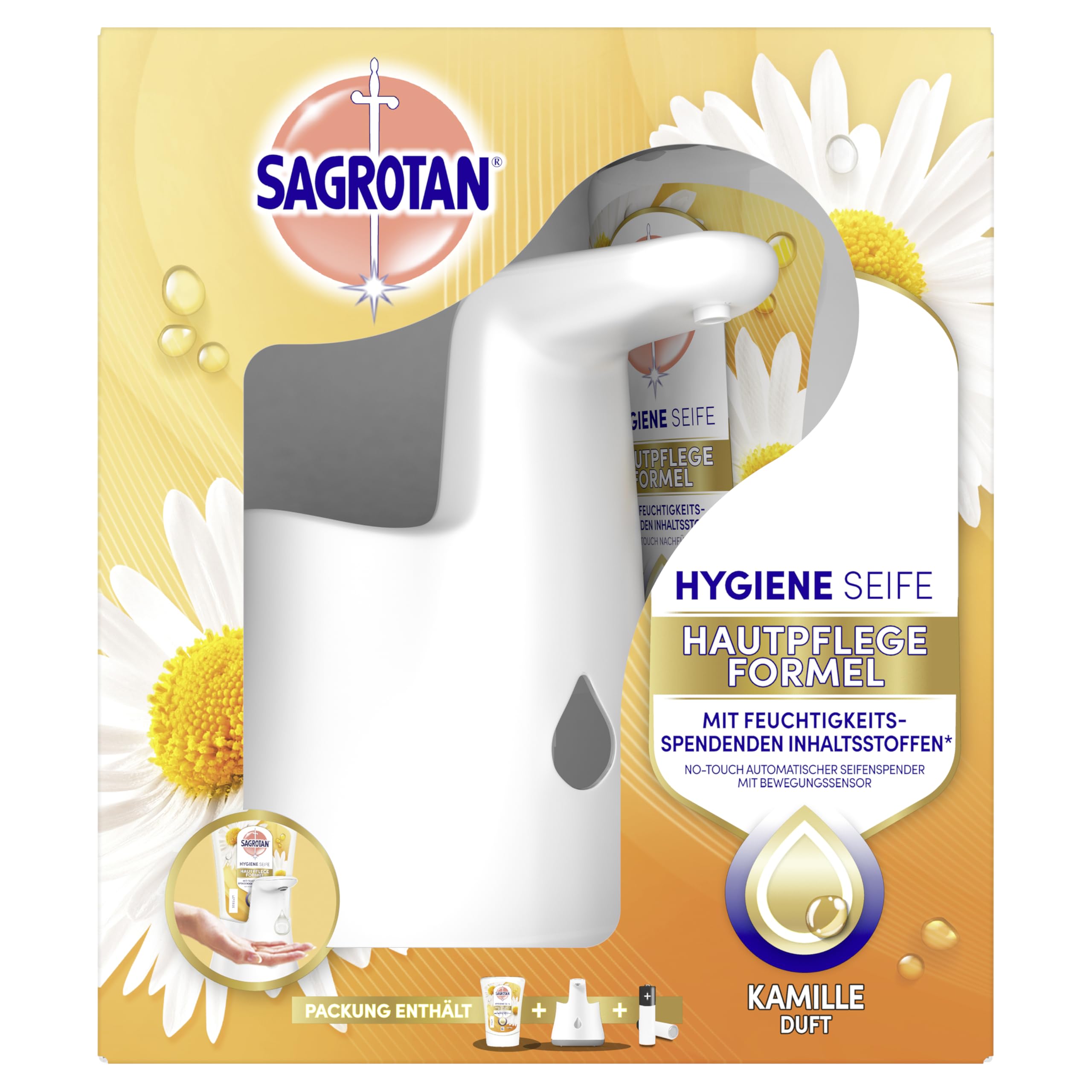Sagrotan No-Touch Starter-Set – Sagrotan No-Touch Automatischer Seifenspender inkl. Nachfüller Kamille – 1 x 250 ml Handseife