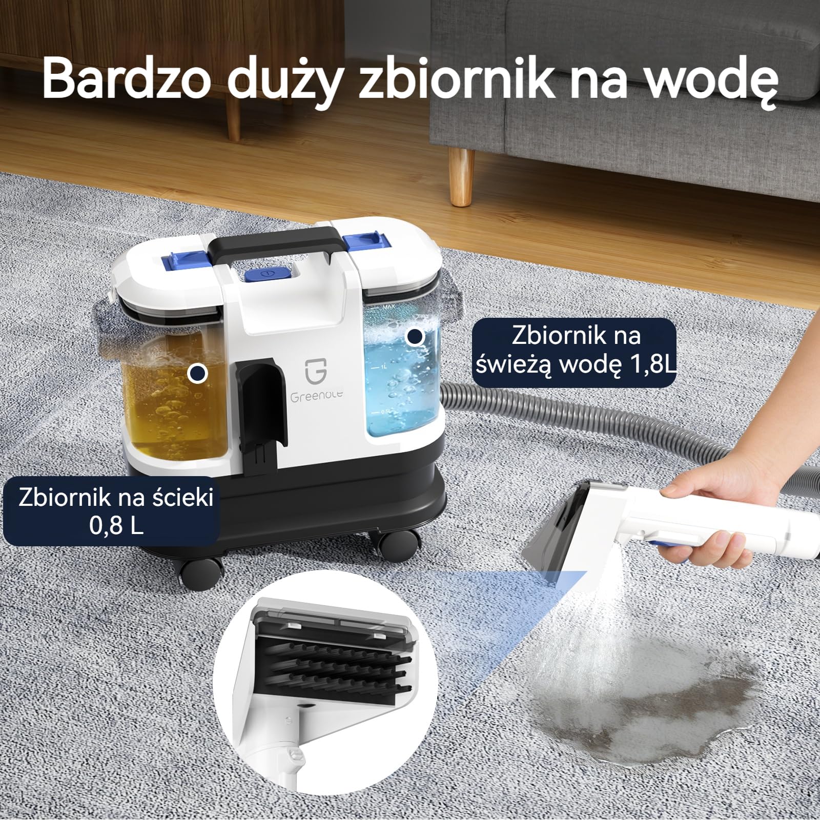 Greenote Odkurzacz Piorący 600W, 4 obrotowe kółka dla łatwości manewrowania, Kompaktowe przechowywanie, Samoczyszczący wąż, Mocne ssanie, Zbiorniki 1,8L/0,8L, Wąż 1,5m i przewód 5m