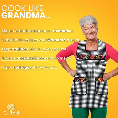 Miniatura 3 de Cuitáxi Delantal tradicional mexicano para mujer con bolsillos hermosos bordados de flores - Mandiles para mujer mexicanos mandil