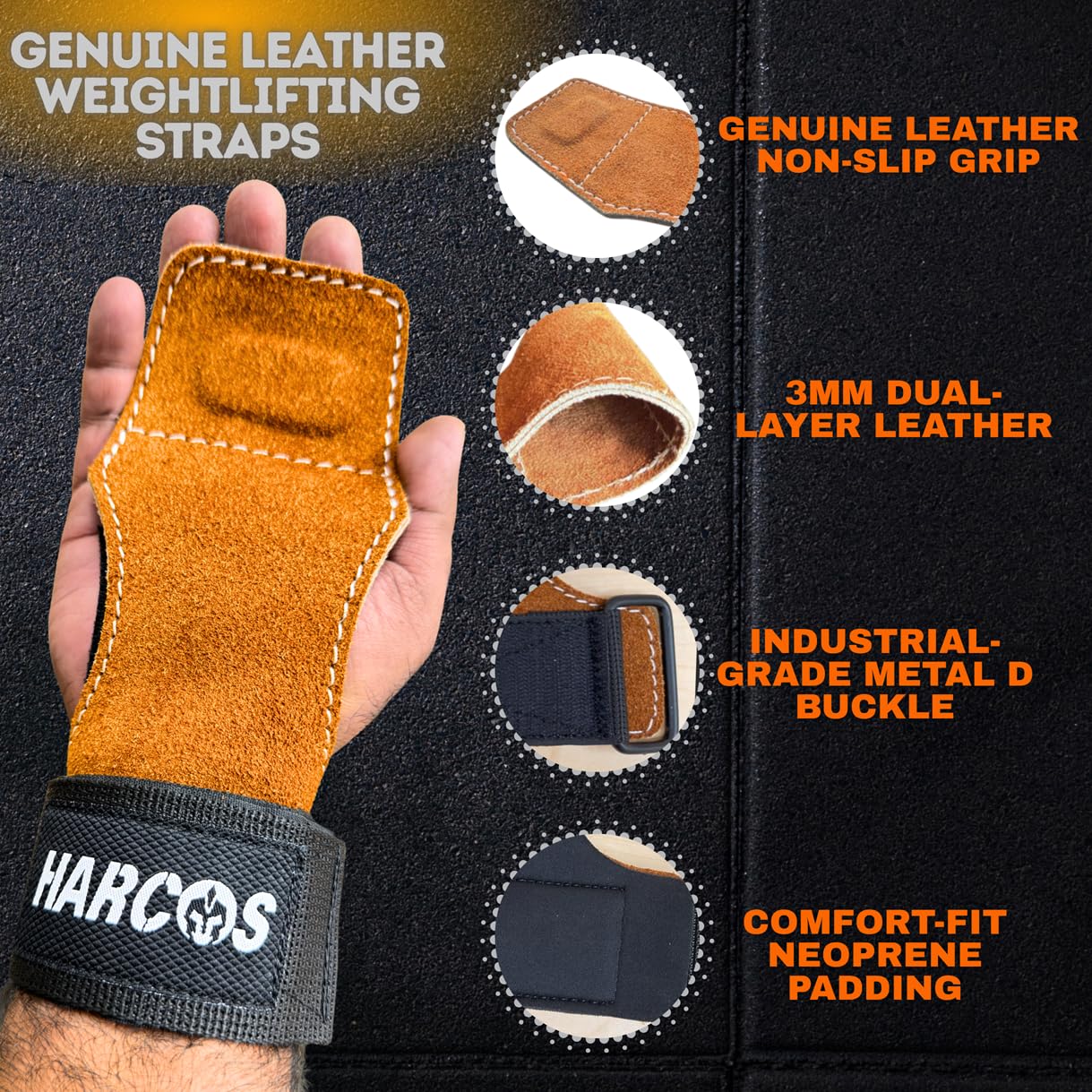 Harcos Cinghie da polso per sollevamento pesi – Cinghie da palestra in pelle a doppio strato con imbottitura in neoprene, gancio e anello regolabili, antiscivolo, resistenti per stacchi, allenamento