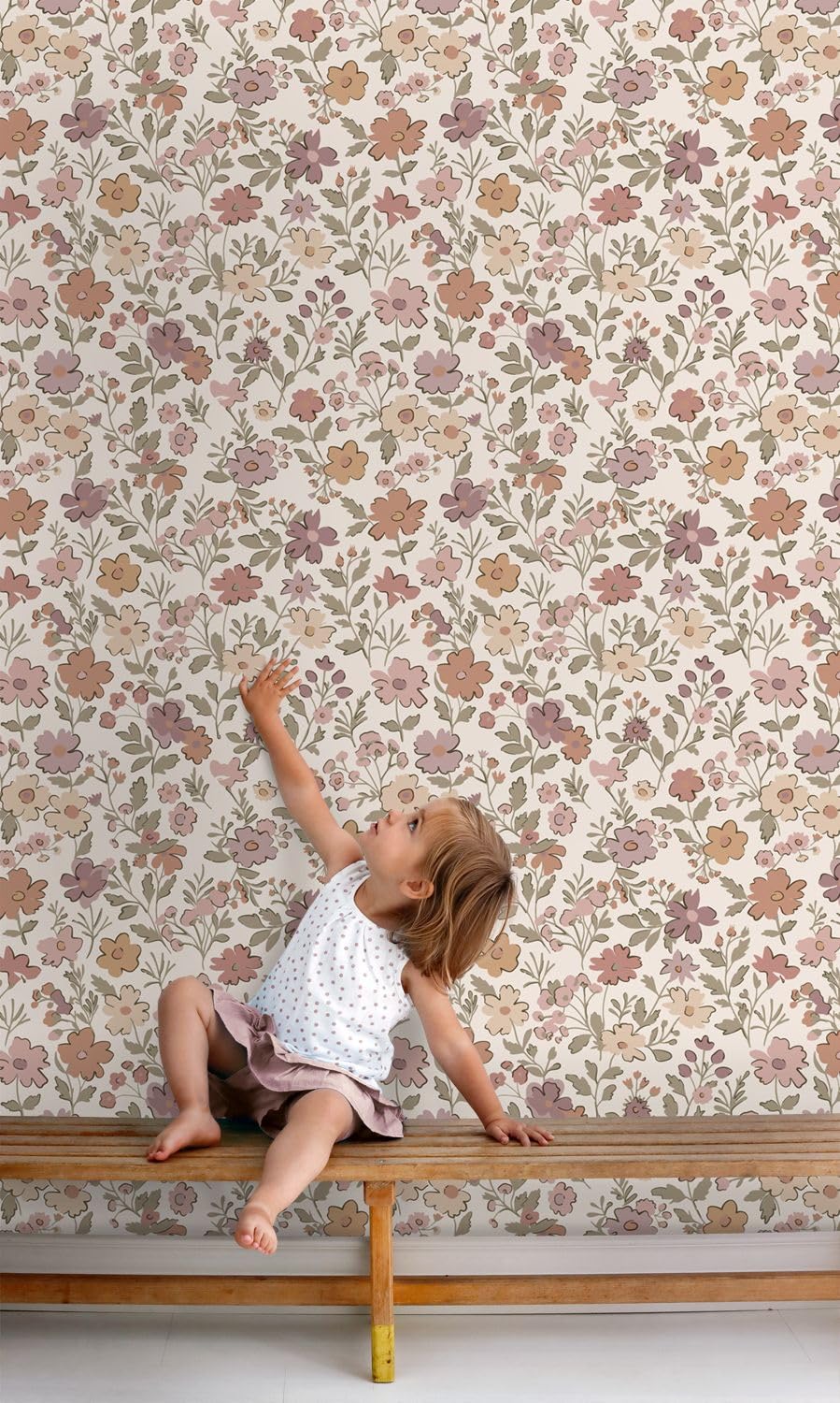 papier peint fleurs mauve violet, vert grisé et terracotta 53 cm x 10.05 m - ESTAhome