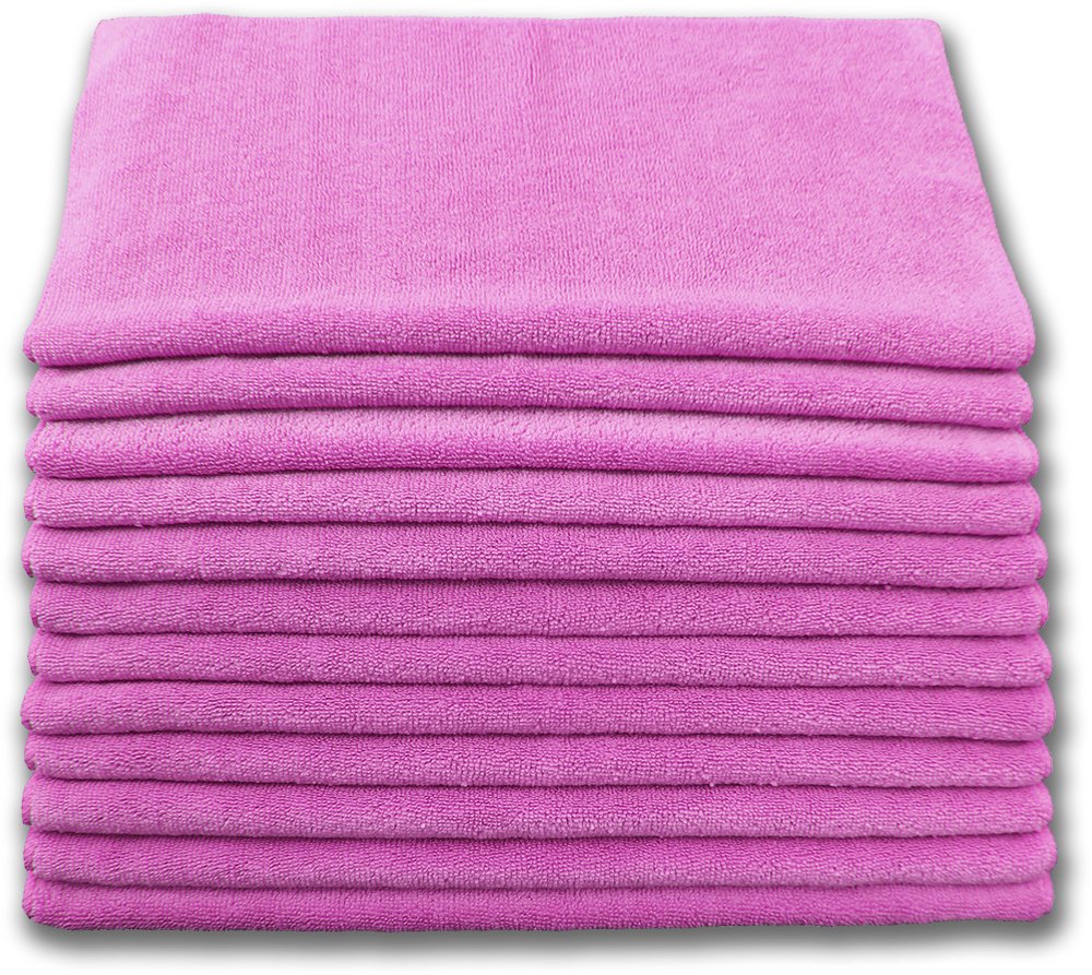 Professional 16x16 Inch Microfiber Cleaning Cloths - Pink Case of 204-300 GSM Terry Cloth - Ideal for Dusting