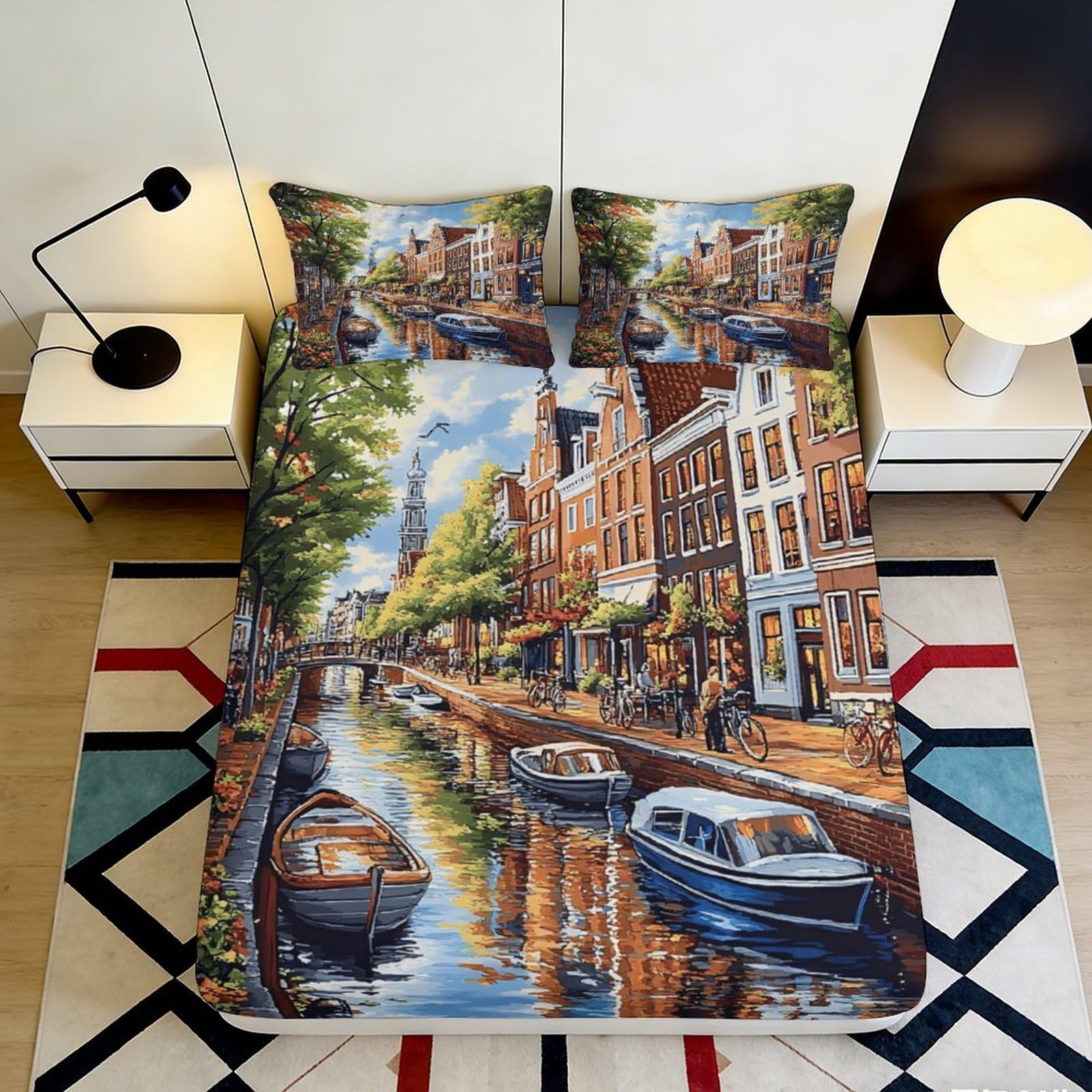 3D Printed Amsterdam Canal Fitted Sheet Microfiber Non Slip Easy Wash City Scenery Mattress Cover Bedroom Decor 140x200x25cm