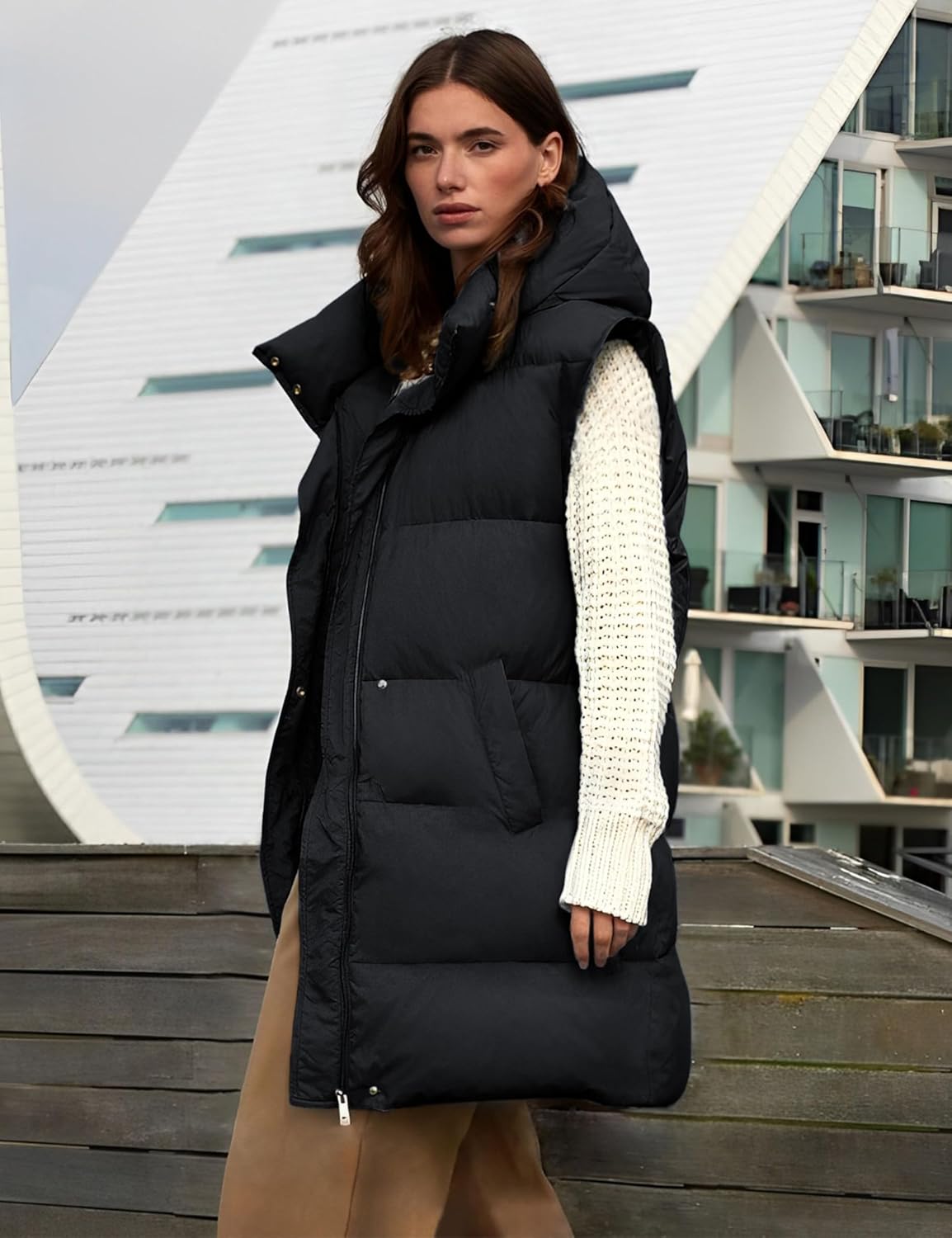 Fiona Jolin Long Puffer Vest Women Sleeveless Hooded Puffy Jacket Coat Outerwear Vest Gilet - Image 6