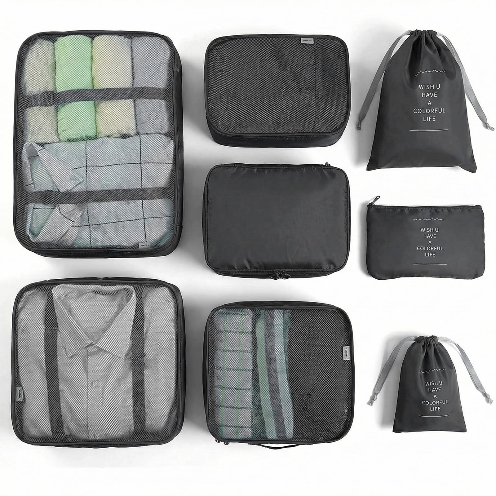 BillyBath Koffer Organizer set, Packing Cubes Kleidertaschen Schuhbeutel Reiseorganizer Packwürfel Kosmetik Travel Organizer Packtaschen für Koffer (8 teilig, schwarz)