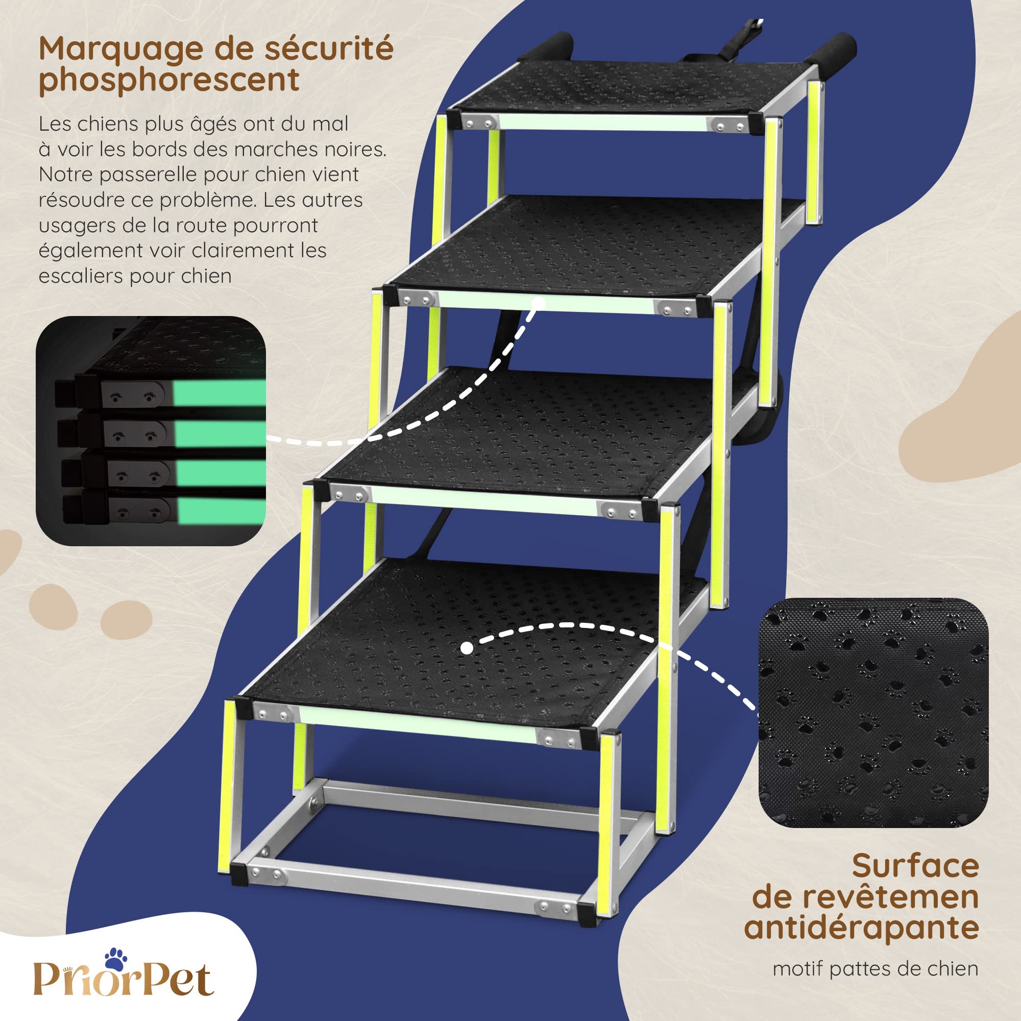 Escalier pour Chien Pliable Phosphorescent 77kg Rampe Voiture Antidérapante 4 Marches