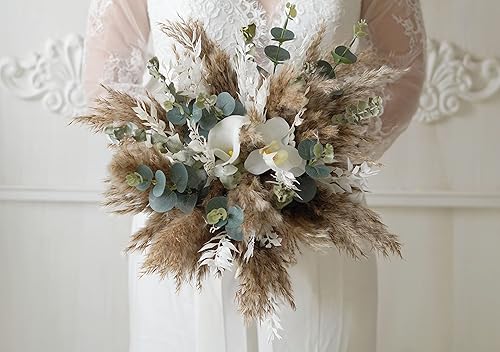 Miniatura 5 de Ramo de boda bohemio de flores naturales preservadas y secas de color natural, flores de boda naturales, ramo de hierba de pampas, ramo de flores