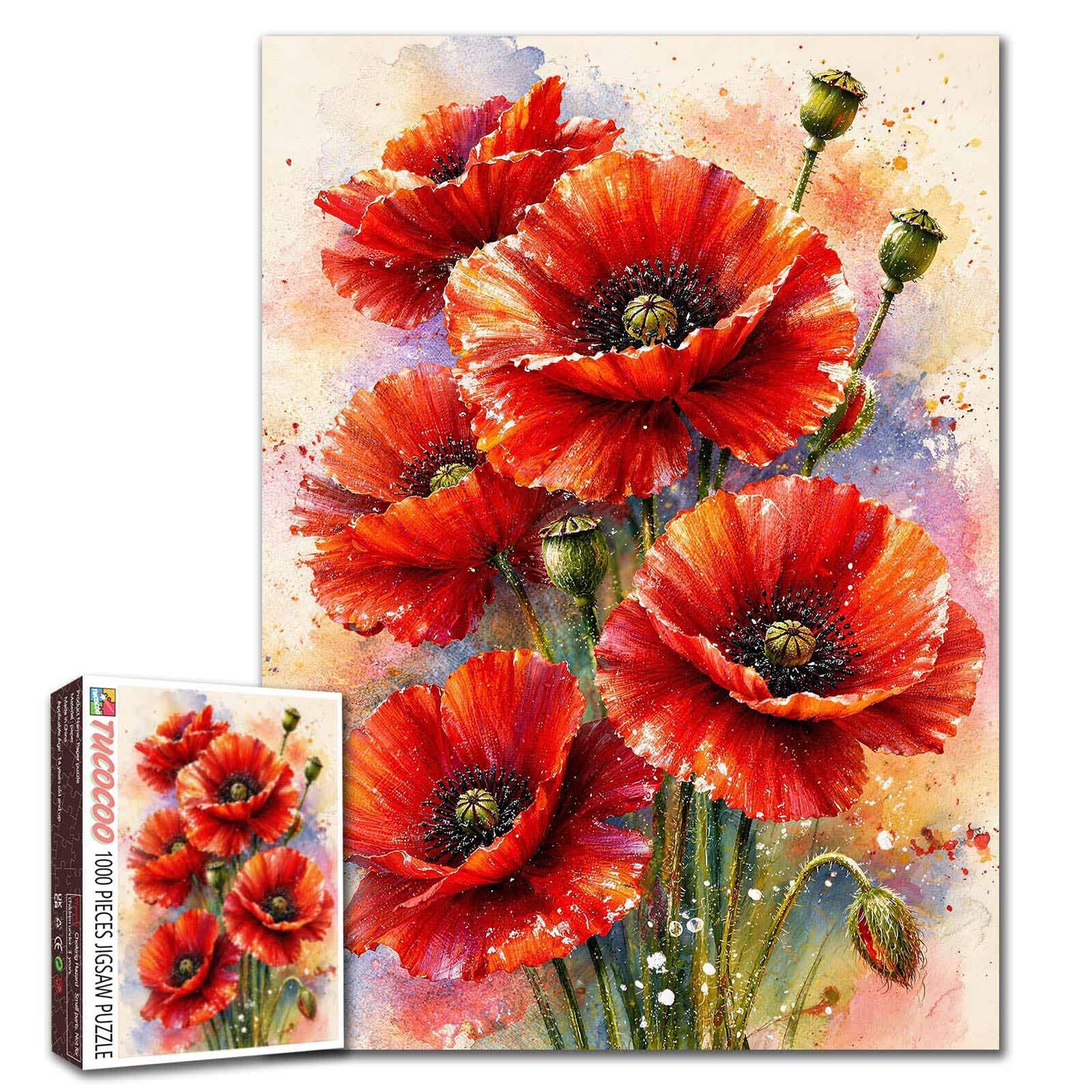 Red Poppy Jigsaw Puzzle Watercolor 1000 Pieces for Adults Graffiti Floral Puzzle Challenging DIY Home Decor Family Perfect for Game Nights 20 x 27 Inches — image 1