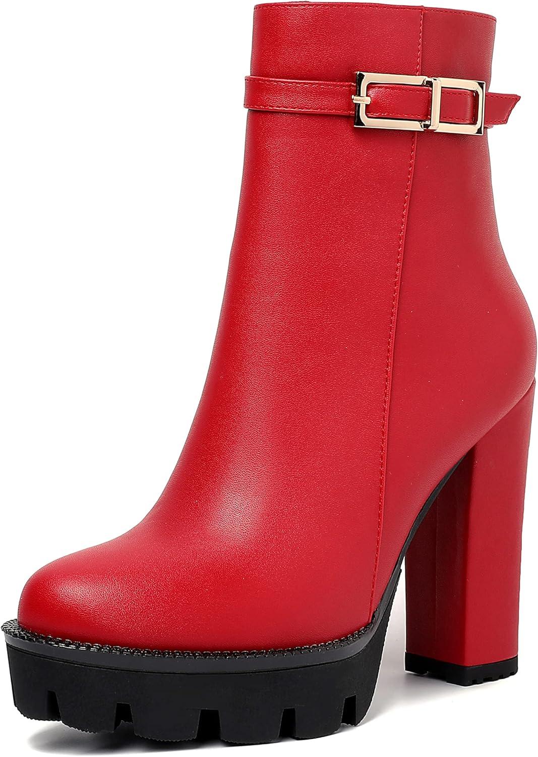 WAYDERNS Womens Party Platform Zip Solid Round Toe All Weather Matte Block High Heel Ankle High Boots 4.7 Inch