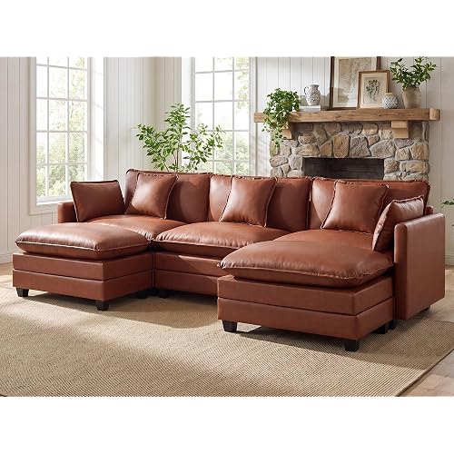 111'' Sectional Cloud Deep Seat Couch, Oversized Leather U Shaped Sectional Sofa for Living Room Set, Comfy Upholstered Modular 5-Seats Sectional Sofa Couch with 2 Movable Ottoman, Leather Brown