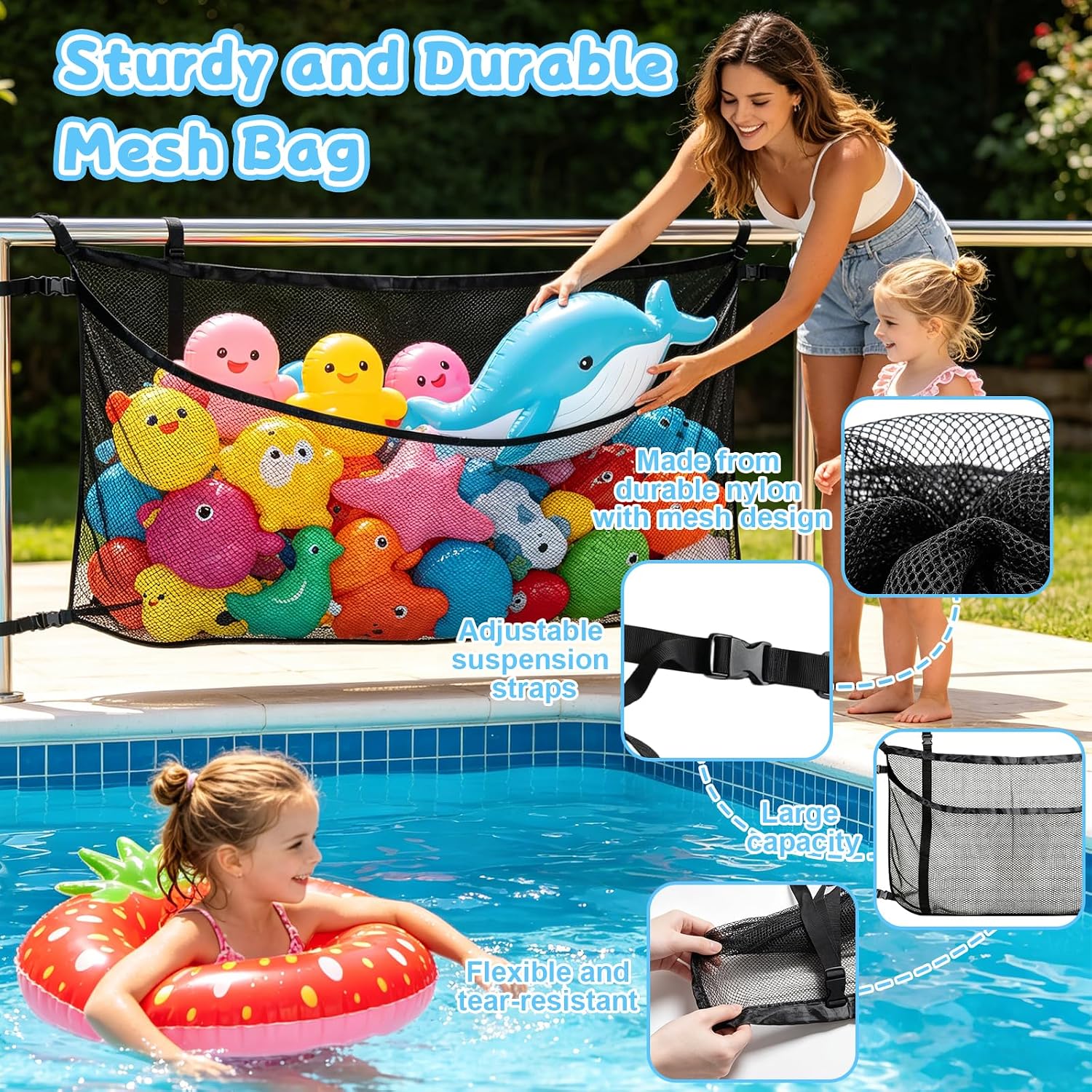 Pool Float Storage Net, 57x 33in Large Hanging Pool Toy Organizer with 10 Zip Ties, Adjustable Pool Flosts Holder Pouch for Inflatable Balls Toys Rafts Swimming Ring Rafts Noodles Pool Accessories