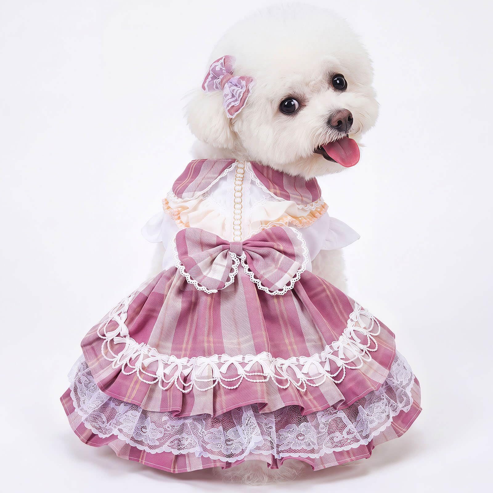 SipSylph Plaid Princess Dog Dress, Multi Layered Skirt Lace Trim Design Dog Outfit, Girl Dog Clothes with Large Bow & Bow Hair Accessory for Birthday, Wedding, Party, Photoshoot (XL)