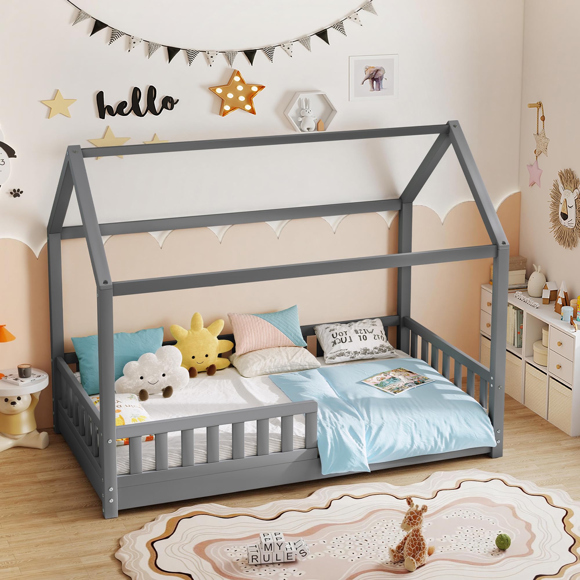 LUXOAK Kids Bed, 100% Solid Pine Wood House Bed with Removable Safety Guardrails, Single Floor Bed for Toddler, Easy Assembly, 90x190cm, White (Grey)