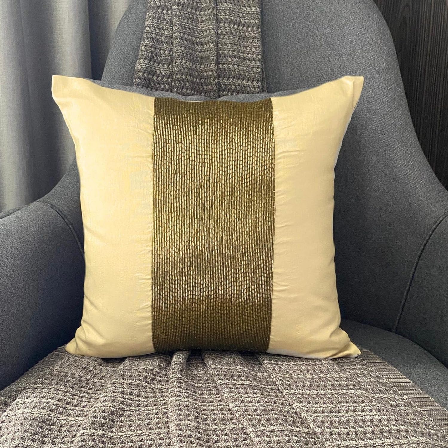 The HomeCentric Throw Pillow Covers, Gold Decorative Couch Throw Pillow Covers 16x16 inch (40x40 cm) Silk Throw Pillows for Couch, Striped, Beaded, Modern Toss Pillow Covers Easter - Gold Center