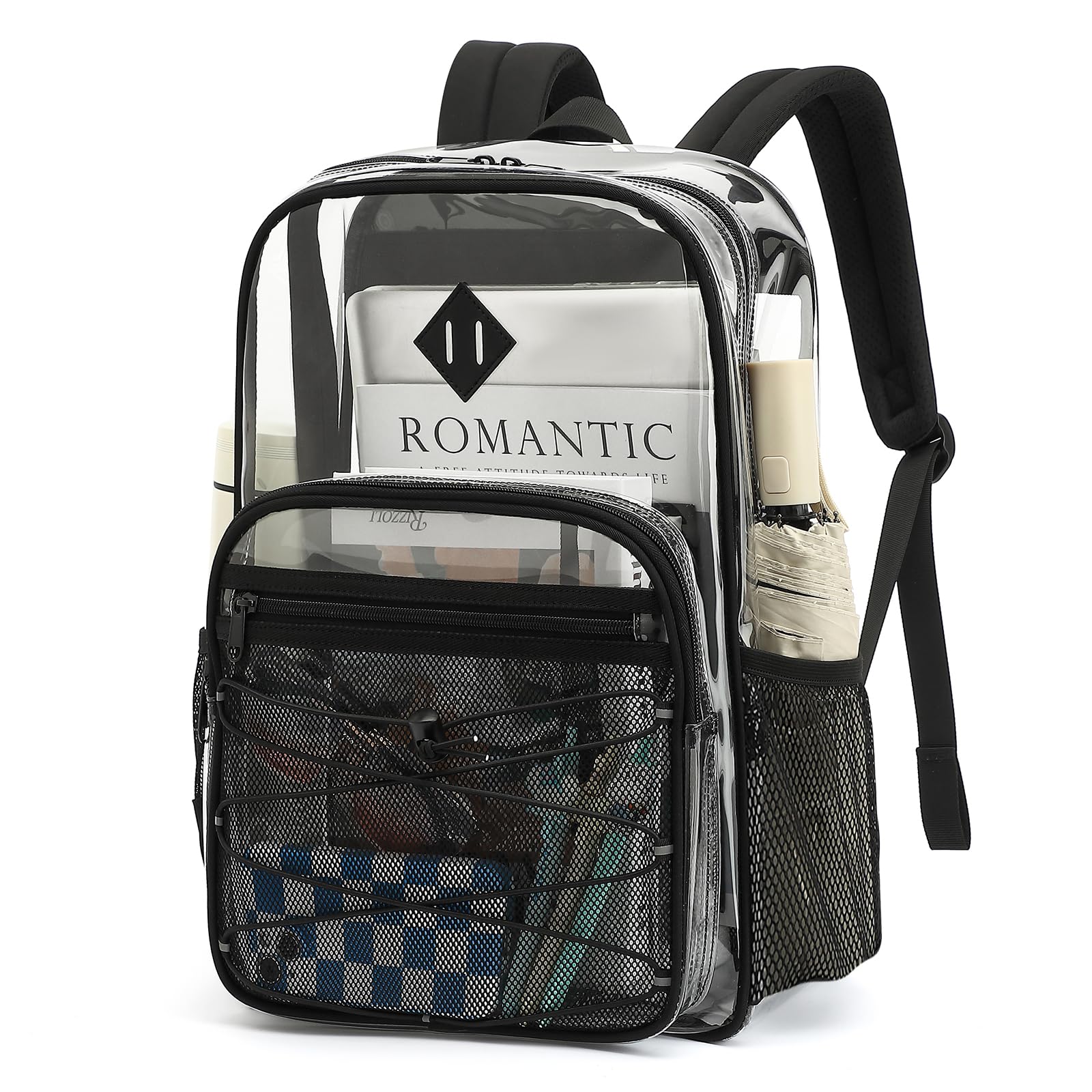 MUSEVOS Clear Backpack Heavy Duty for School, Large PVC See Through Backpacks for Stadium Events, Travel, Clear BookBag for Kids, Boys and Girls,