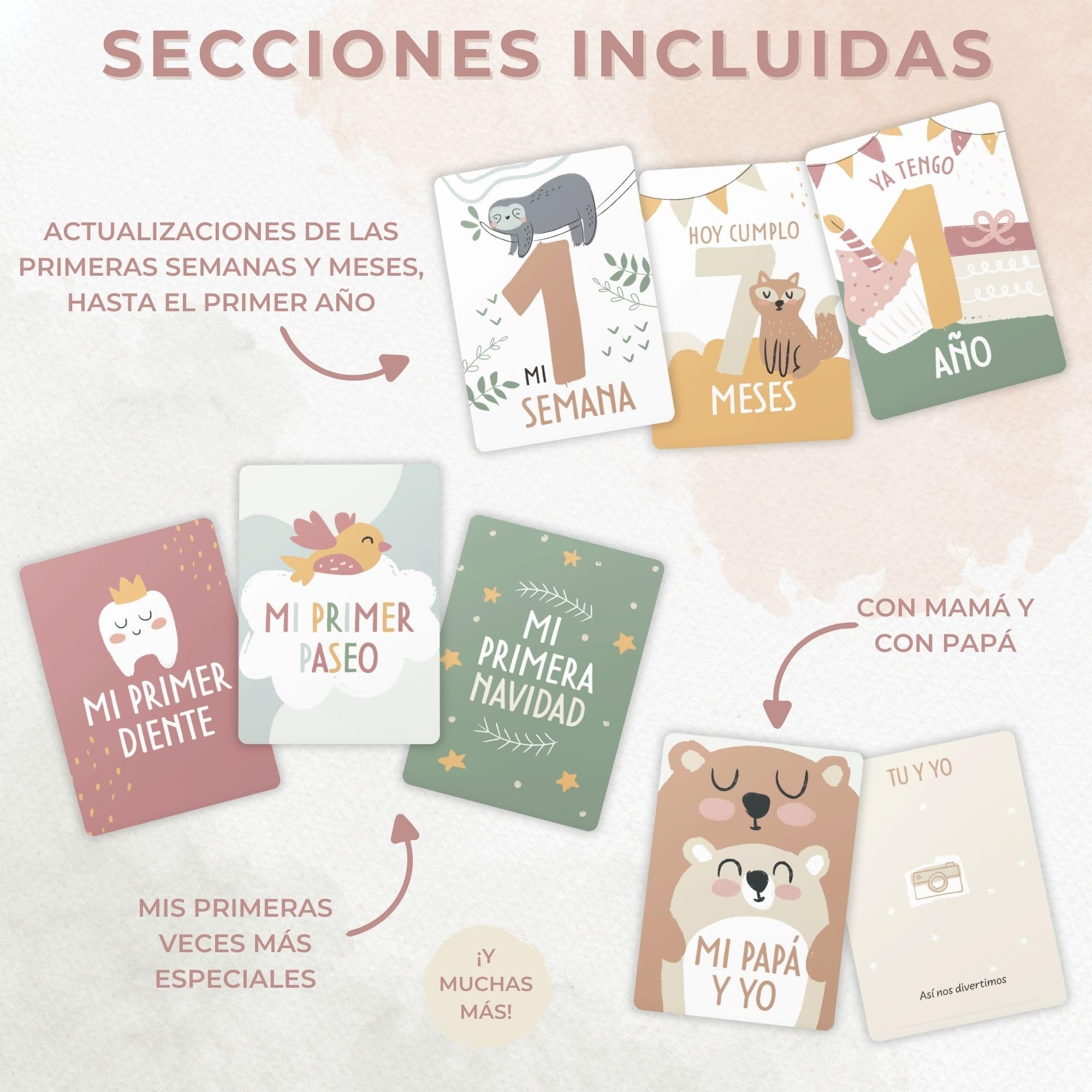 HUBORNS – Tarjetas cumple mes bebé “Mis primeras veces”, set de 46 tarjetas para fotos y recuerdos, regalo original para recién nacidos y padres primerizos con caja premium de regalo