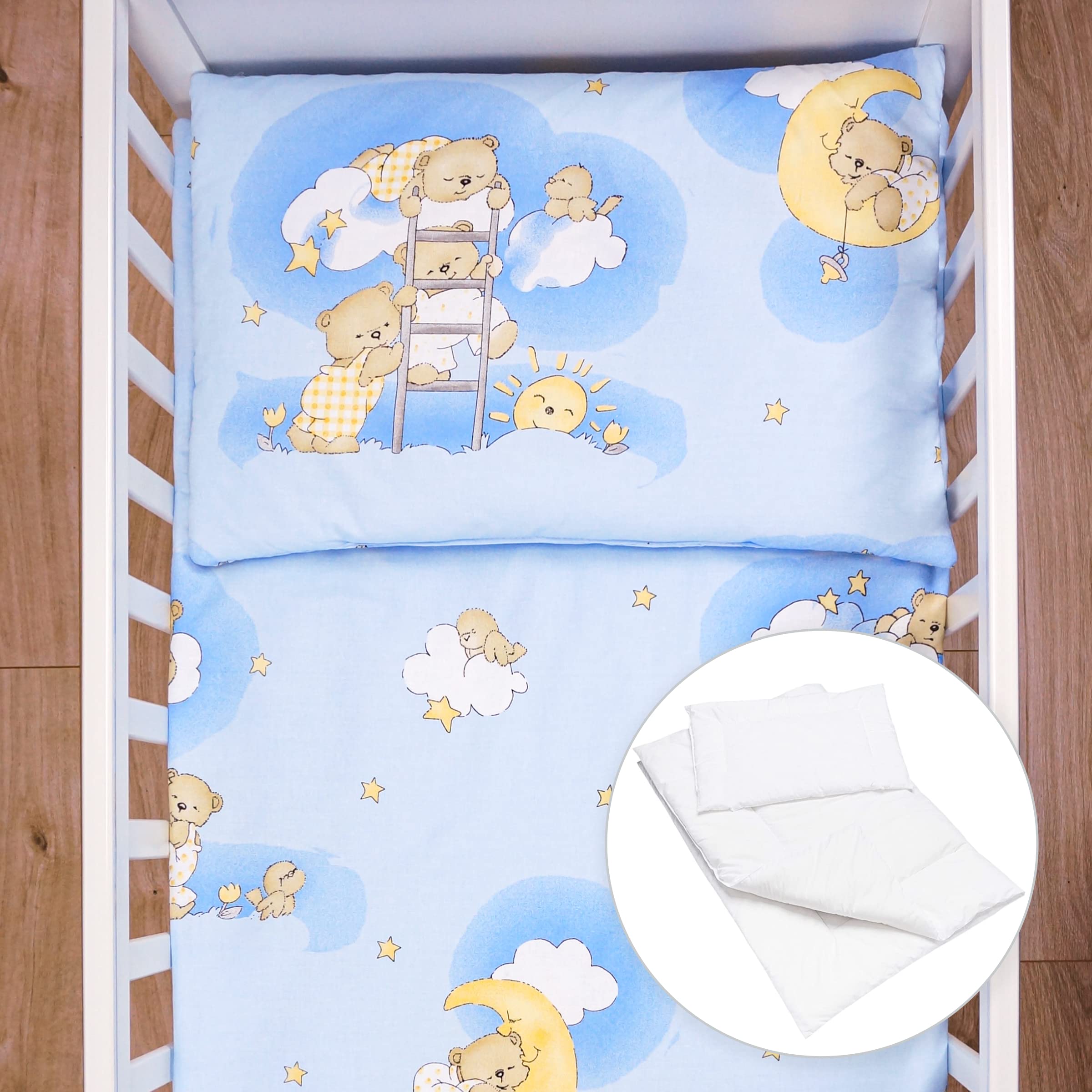 Baby Comfort 4 Piece Toddler Kids Cot Bed Set 120X90 Cm Duvet Pillow Duvet Cover Pillowcase 12M+ (Ladders Blue)