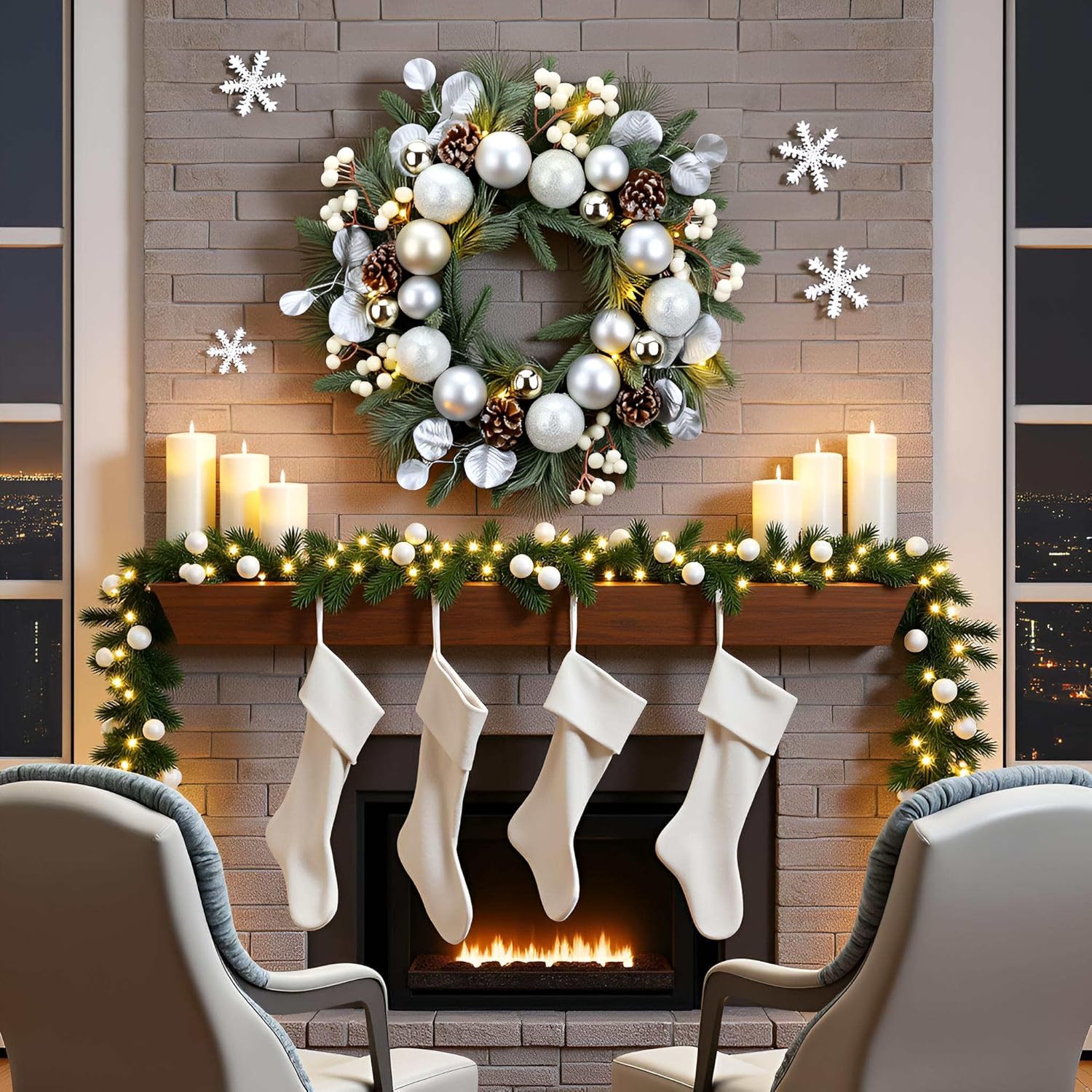 YULETIME 20-inch Christmas Wreath, Battery Operated Holiday Wreath with 20 Fairy Lights, Silvery Baubles, White Berries, Pine Cones, Silvery Leaves, Frosted Spruce Branches & Pine Needles (Silver) - Image 5