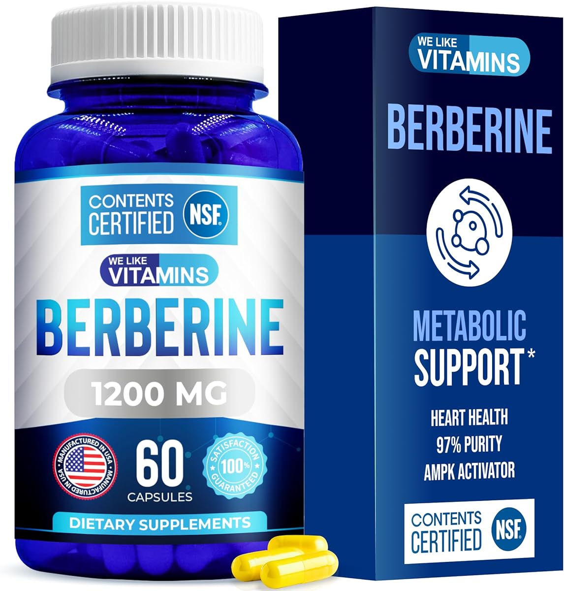 NSF Certified Berberine Supplement, 1200mg, Pure Max Strength Berberine HCL - 60 Vegetarian Capsules (Gluten Free, Non GMO) - 30 Servings by WeLikeVitamins