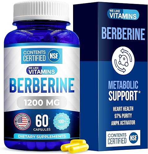 WeLikeVitamins Suplemento de berberina certificado NSF, 1200 mg, berberina HCL de máxima fuerza pura – 60 cápsulas vegetarianas (sin gluten, sin