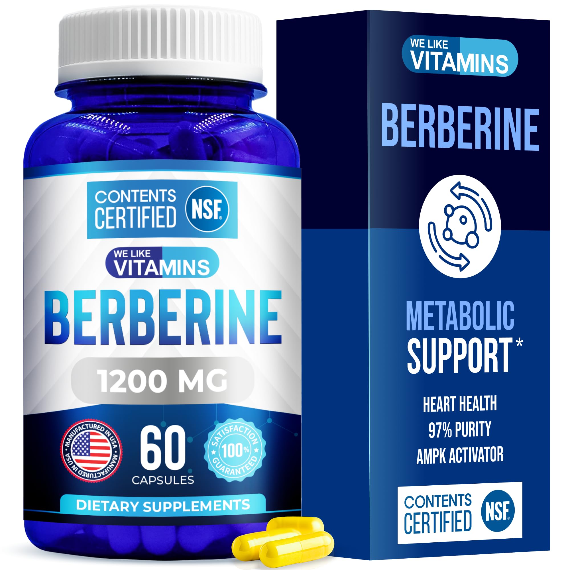 - NSF Certified Berberine Supplement, 1200mg, Pure Max Strength Berberine HCL - 60 Vegetarian Capsules (Gluten Free, Non GMO) - 30 Servings by WeLikeVitamins