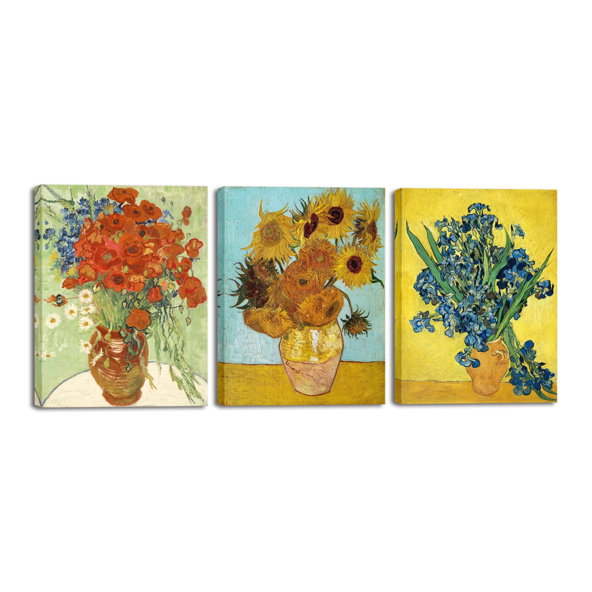 Wieco Art 3 Panels Canvas Prints of Vincent Van Gogh Paintings Reproduction Red Poppies and Daisies Sunflower Irises in Vase Canvas Wall Art for