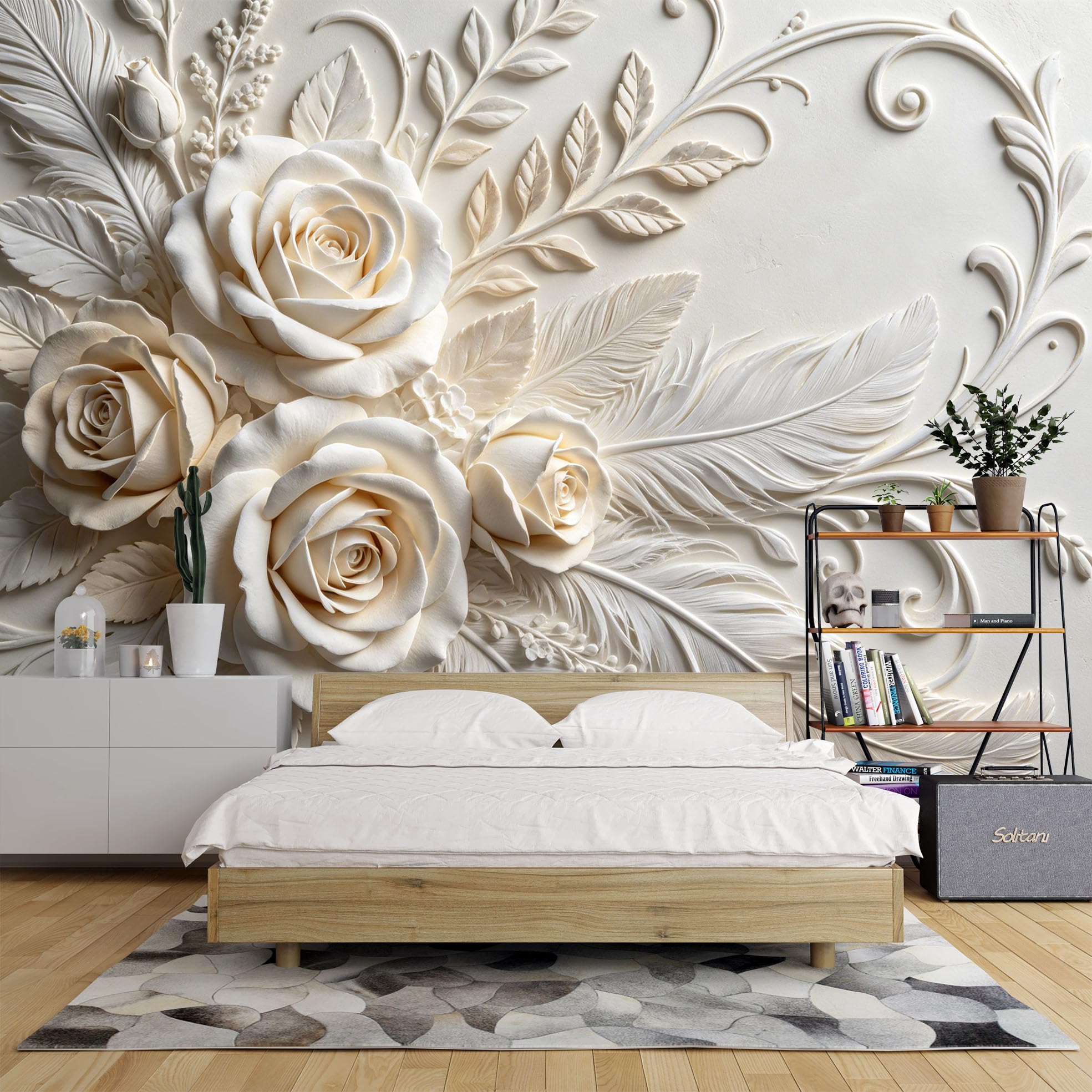 Carta Da Parati per Camera Da Letto con Rose Bianche In Rilievo 3D 500X350 Cm/200X140 Pollici (L X A) Carta Da Parati Decorativa In Tessuto Non Tessuto Grande Murale Floreale Poster Effetto Rilievo